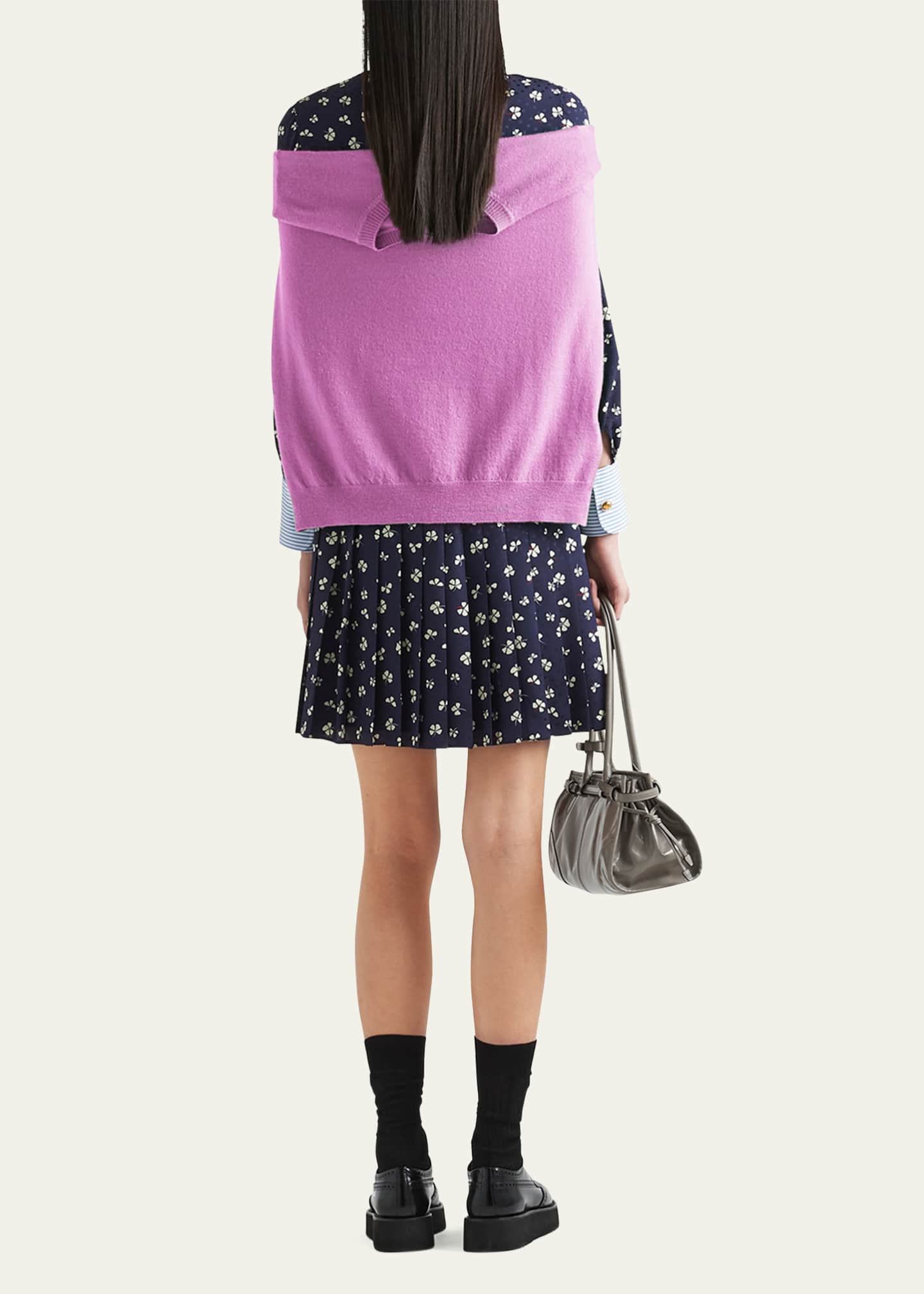 Prada Jacquard Flower Pleated Belted Mini Dress Image 3 of 4
