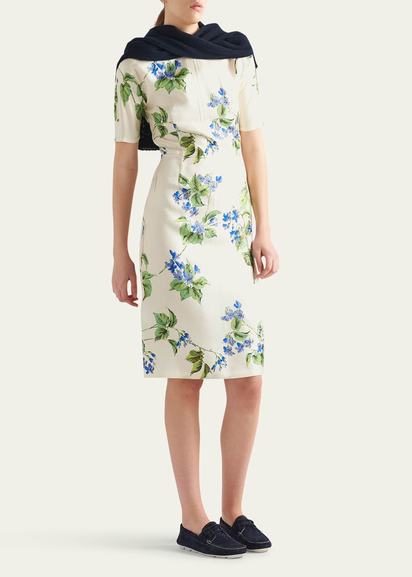 Prada Viola Floral-Print Silk Short-Sleeve Midi Dress Image 2 of 4