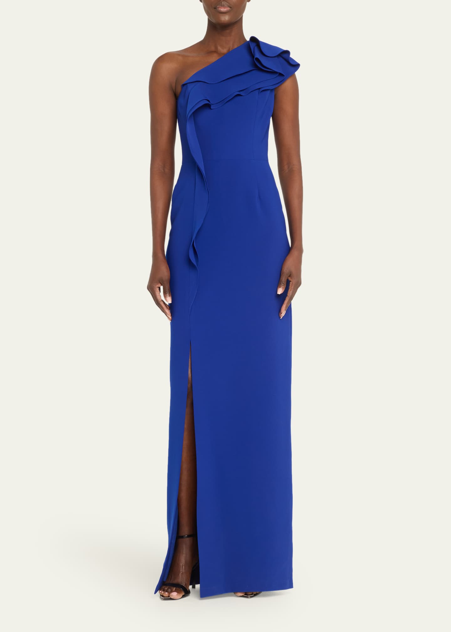 Rickie Freeman for Teri Jon Ruffle One-Shoulder Crepe Column Gown Image 2 of 5