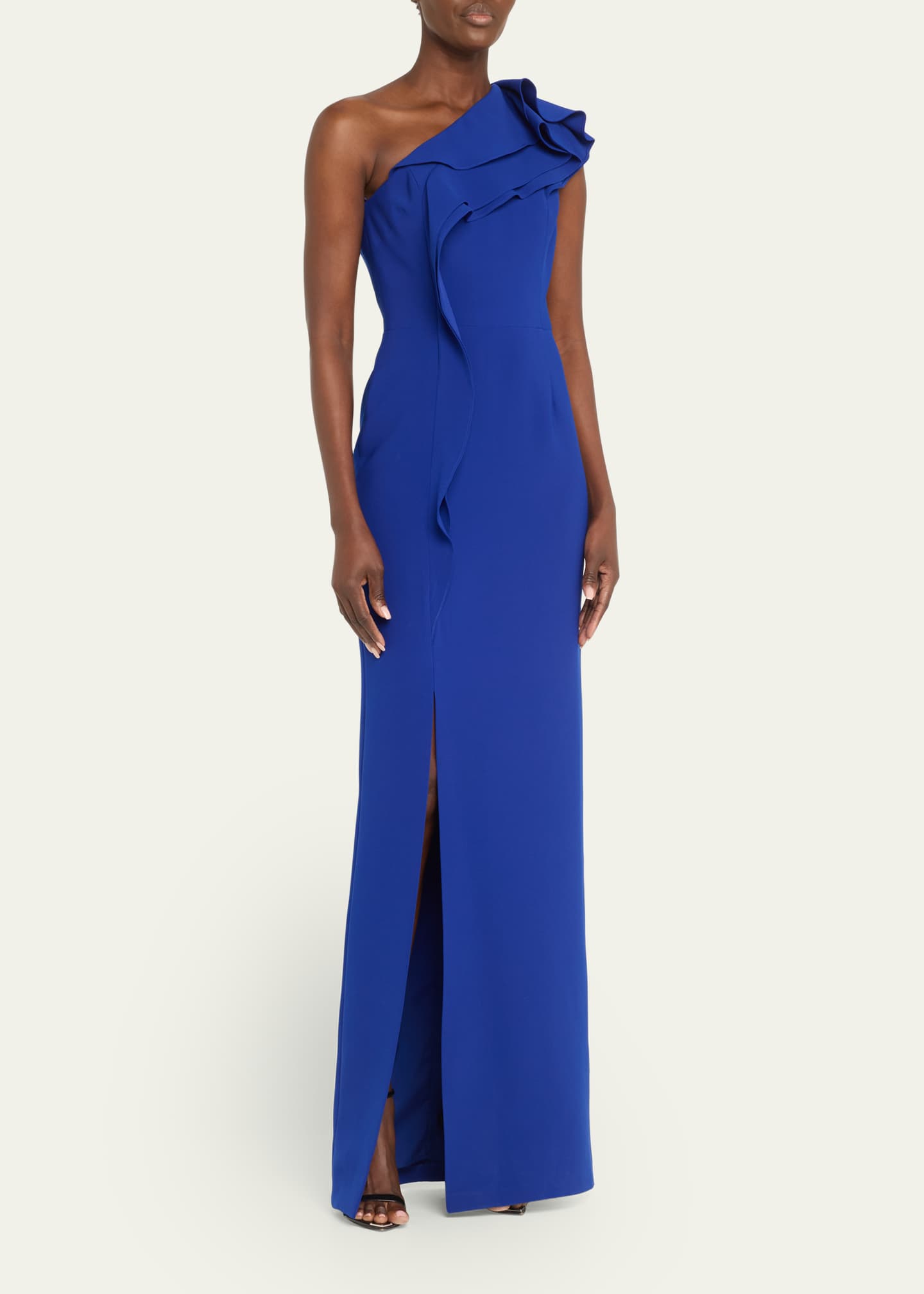 Rickie Freeman for Teri Jon Ruffle One-Shoulder Crepe Column Gown Image 4 of 5