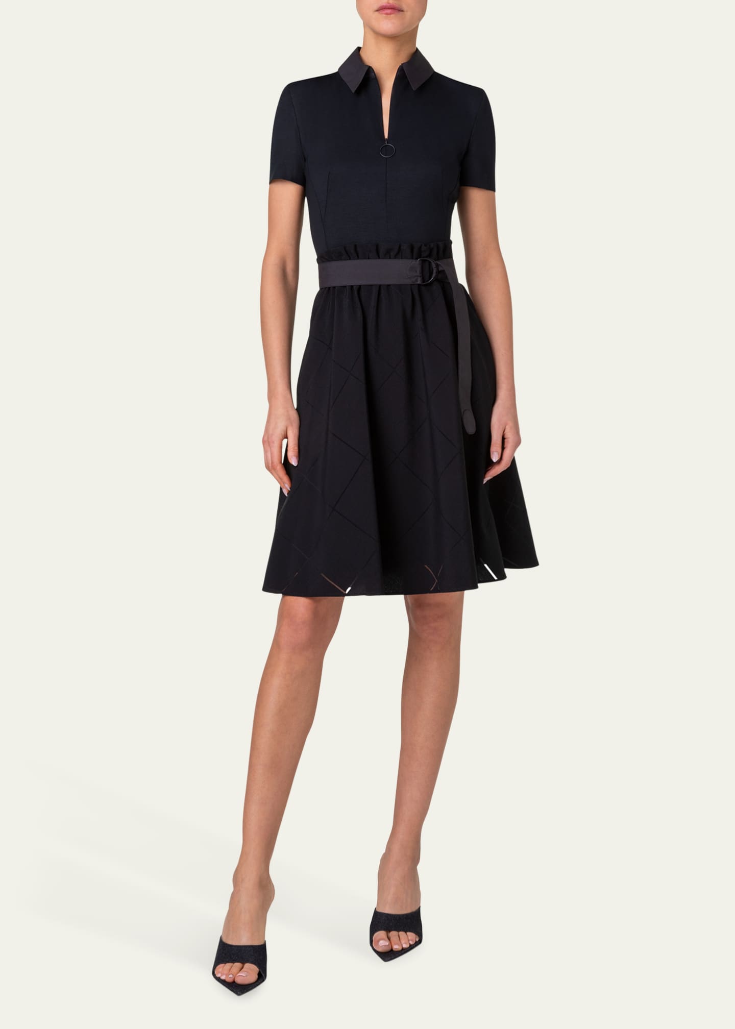 Akris punto Mix-Media Belted Grid Organza Skirt Midi Dress Image 2 of 5