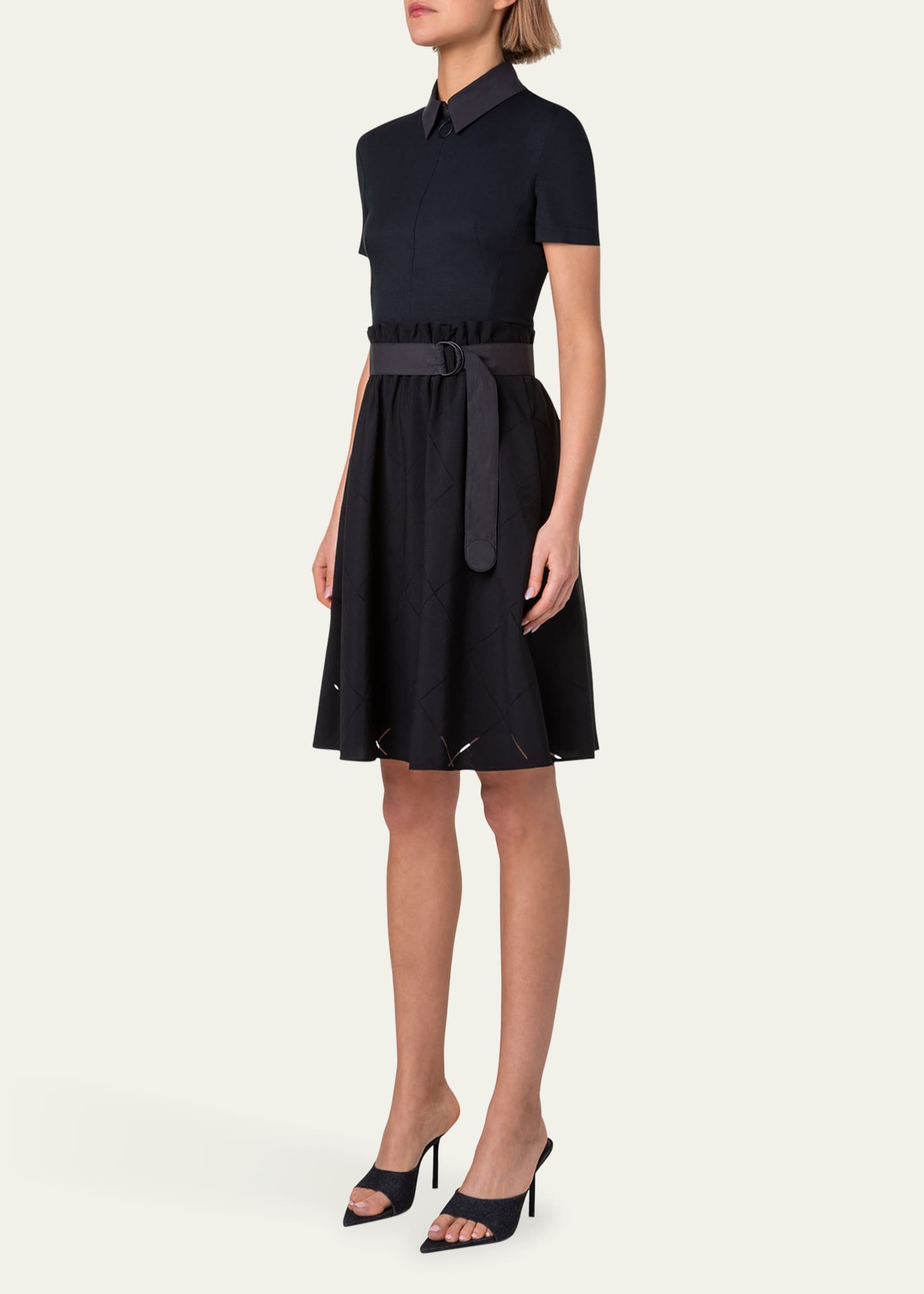 Akris punto Mix-Media Belted Grid Organza Skirt Midi Dress Image 4 of 5