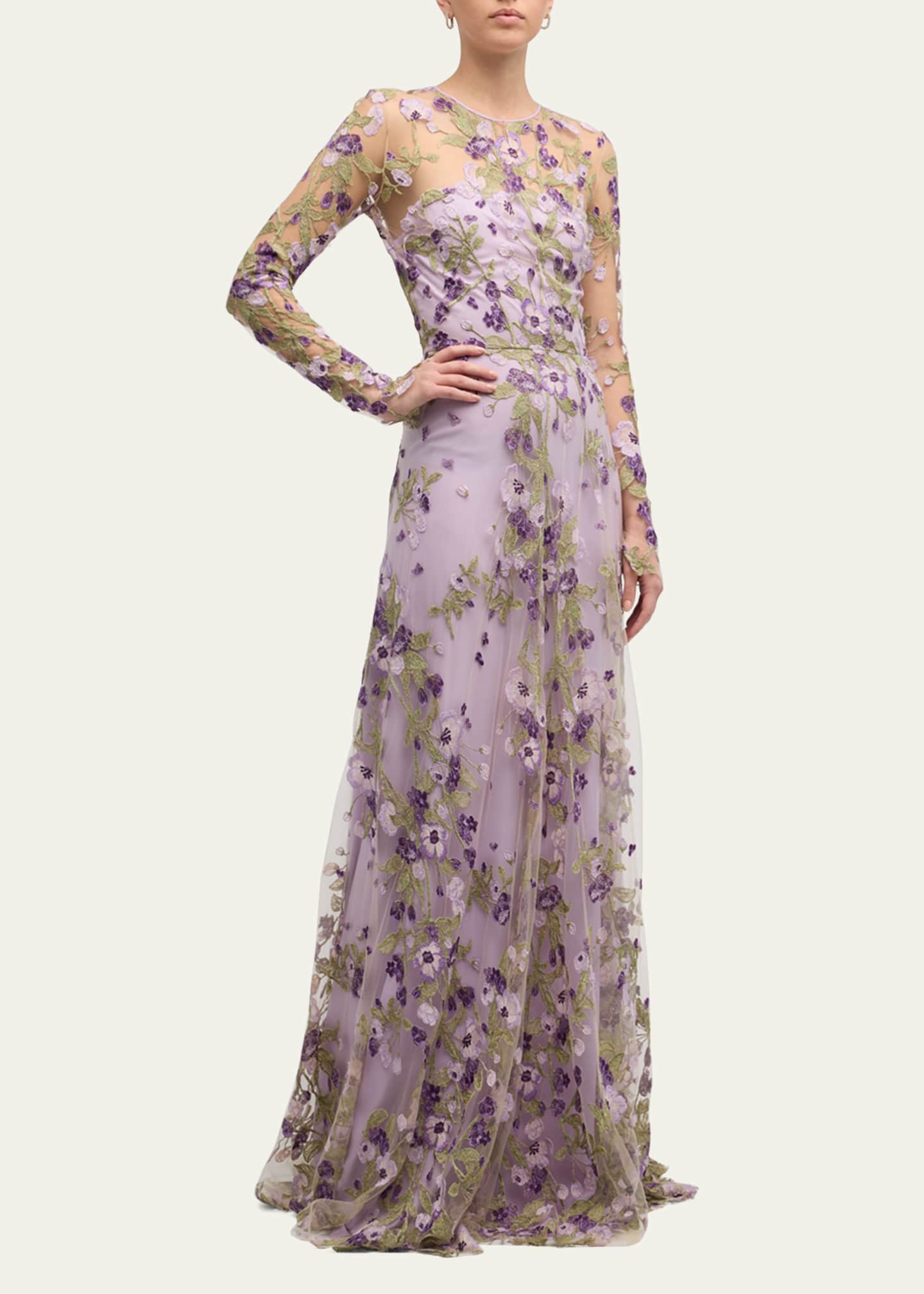 Naeem Khan Embroidered Floral Gown with Sheer Overlay - Bergdorf Goodman