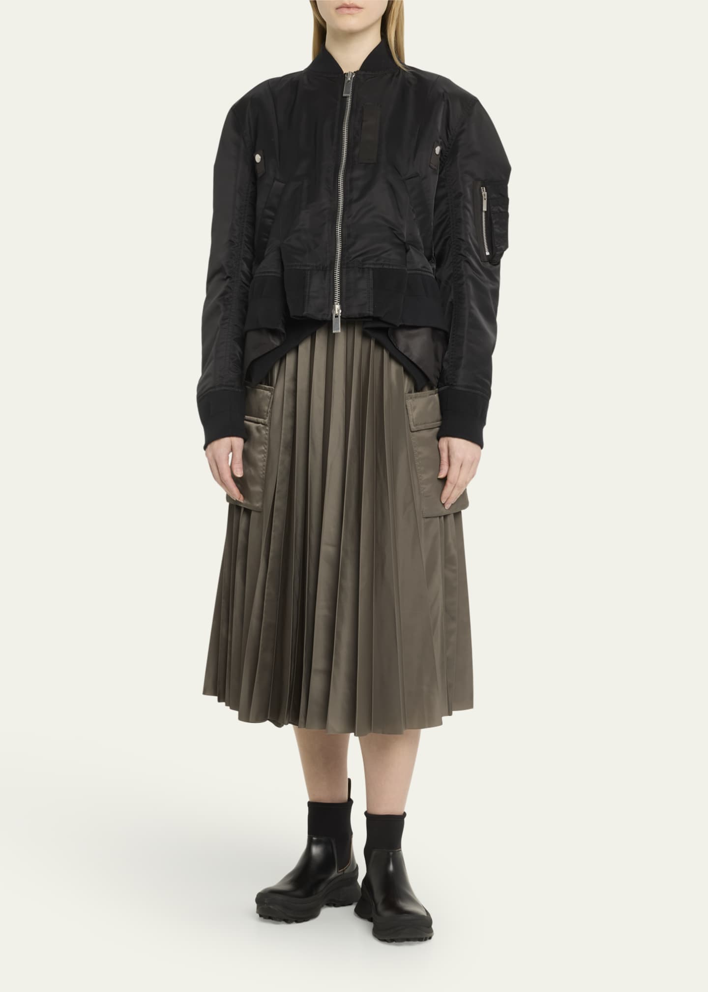 SACAI Pleated Nylon Twill Midi Skirt - Bergdorf Goodman