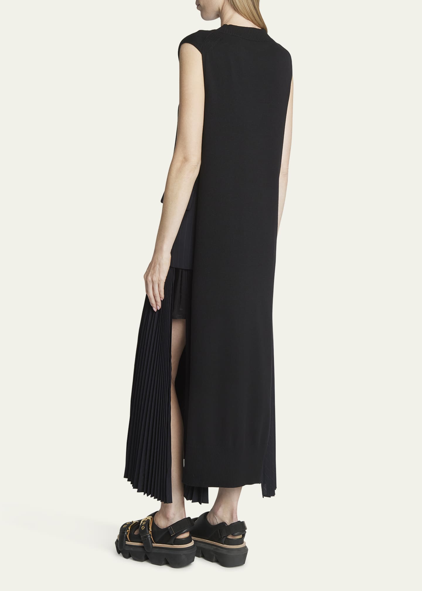 SACAI Sleeveless Mock Neck Pleated Midi Dress with Pocket Detail