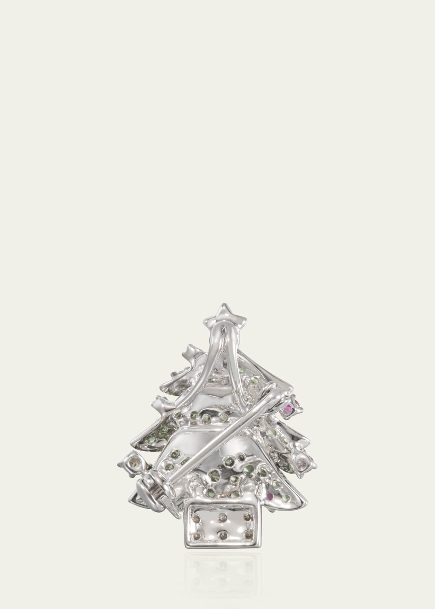 18K White Gold Christmas Tree Brooch with Diamonds and Gemstones