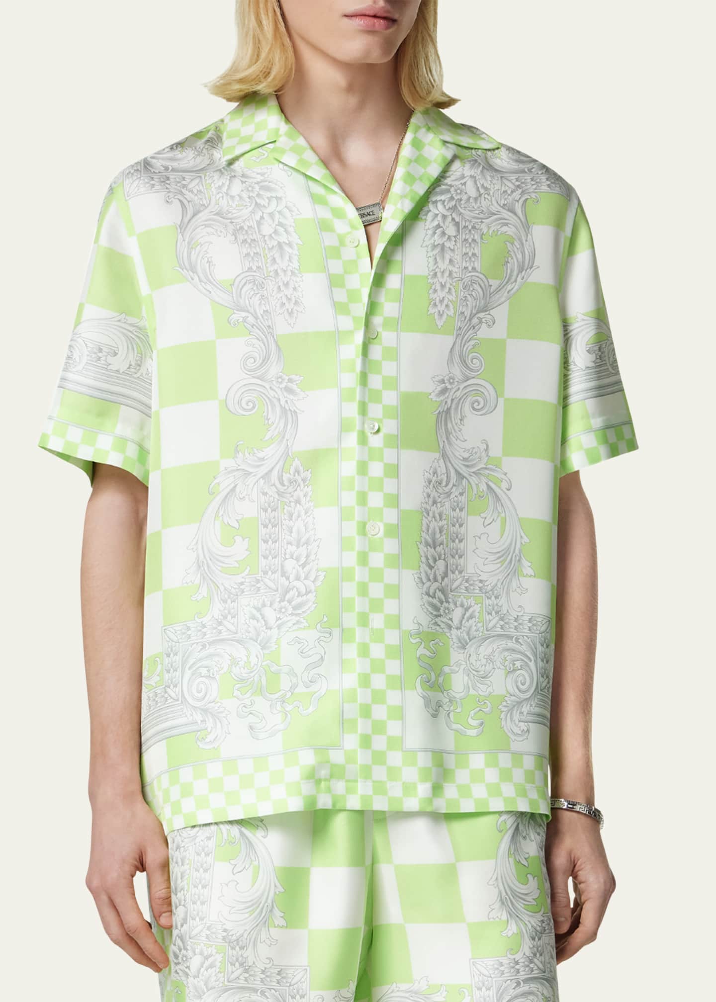Versace Men s Checkered Medusa Silk Camp Shirt Bergdorf Goodman