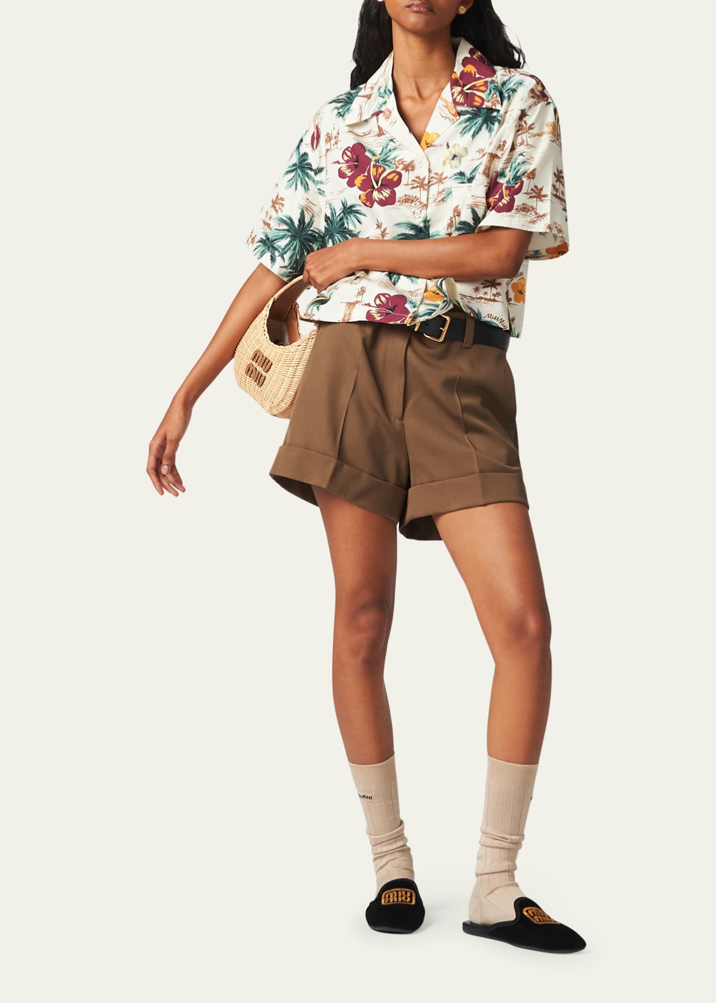 Miu Miu Logo Gabardine Low-Waist Bermuda Shorts - Bergdorf Goodman