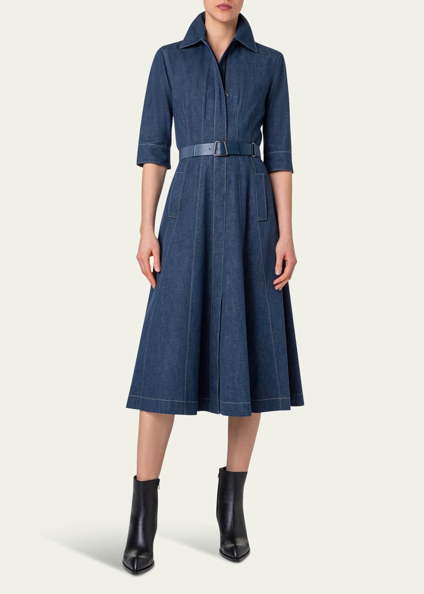 ブランド公式通販サイト Belted Akris Cotton Stitching Contrast with Dress Midi Denim パンツ