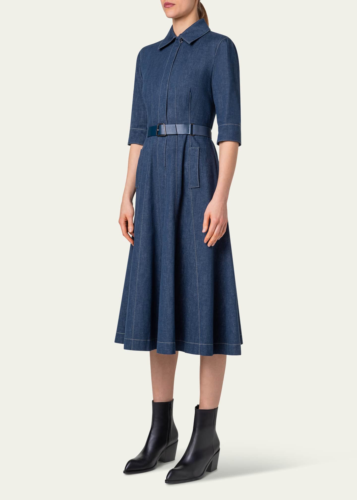 Akris Belted Cotton Denim Midi Dress with Contrast Stitching Image 4 of 5