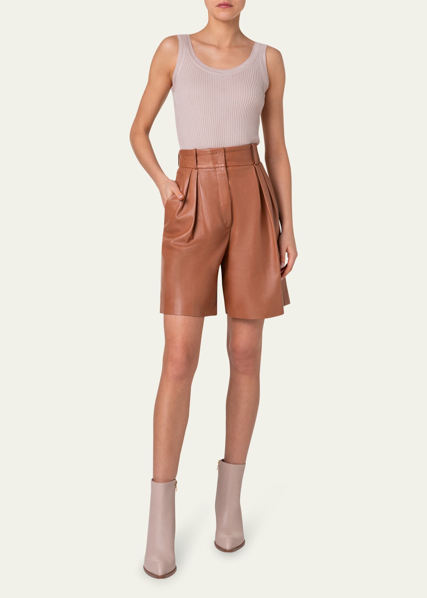 Akris Finnick Pleated Leather Bermuda Shorts Image 2 of 5