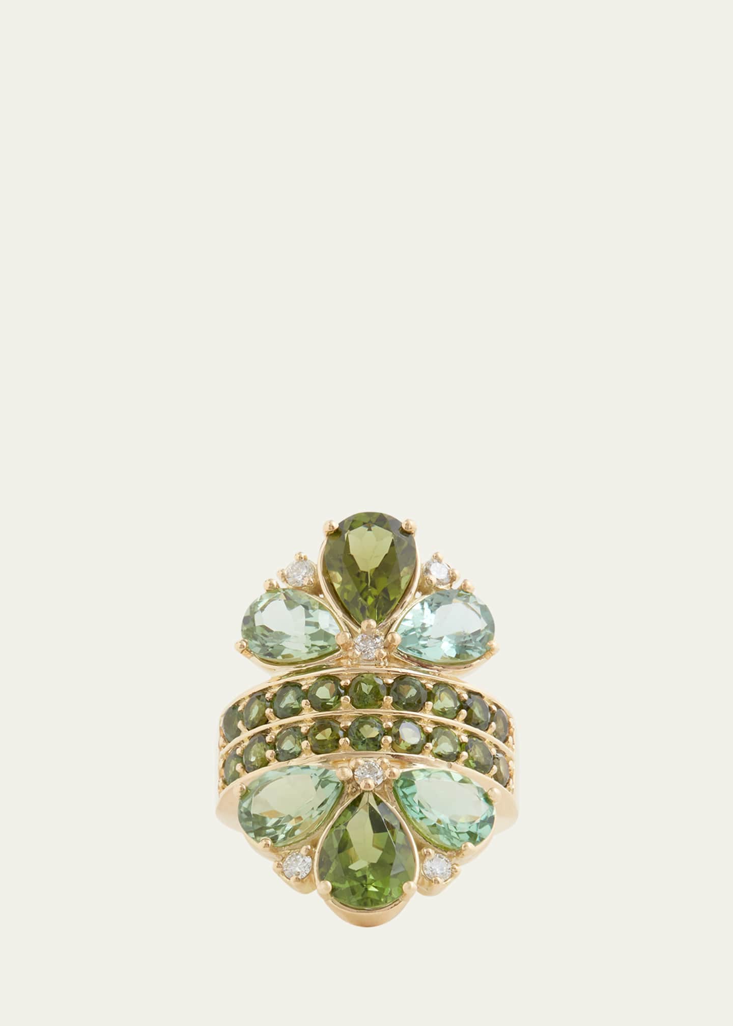 Jamie Wolf 18K Yellow Gold Pear Shape Green Tourmaline and Diamond Mirrored Ring Image 1 of 4