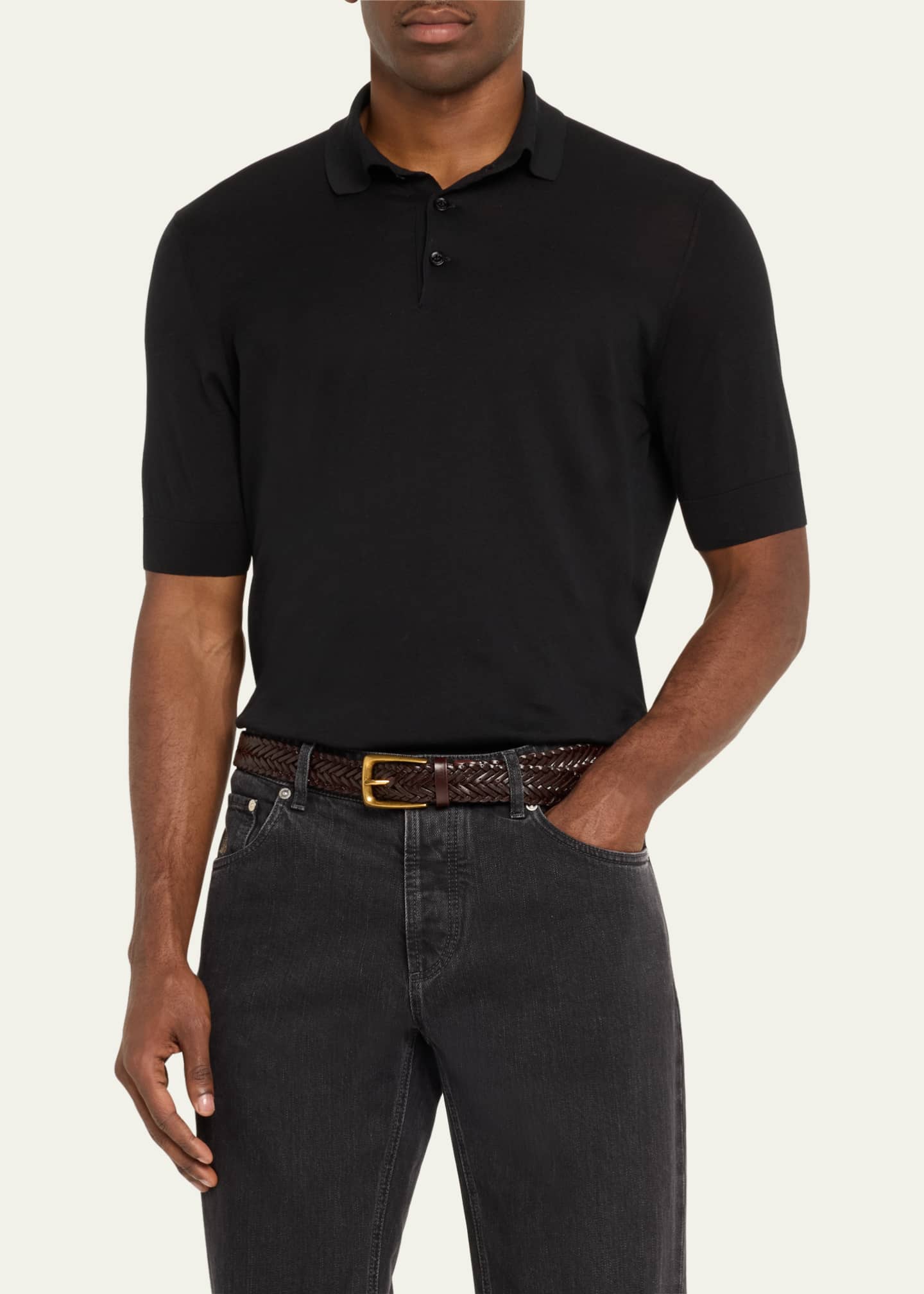 Brunello Cucinelli Men's Cotton-Silk Polo Shirt Image 4 of 5