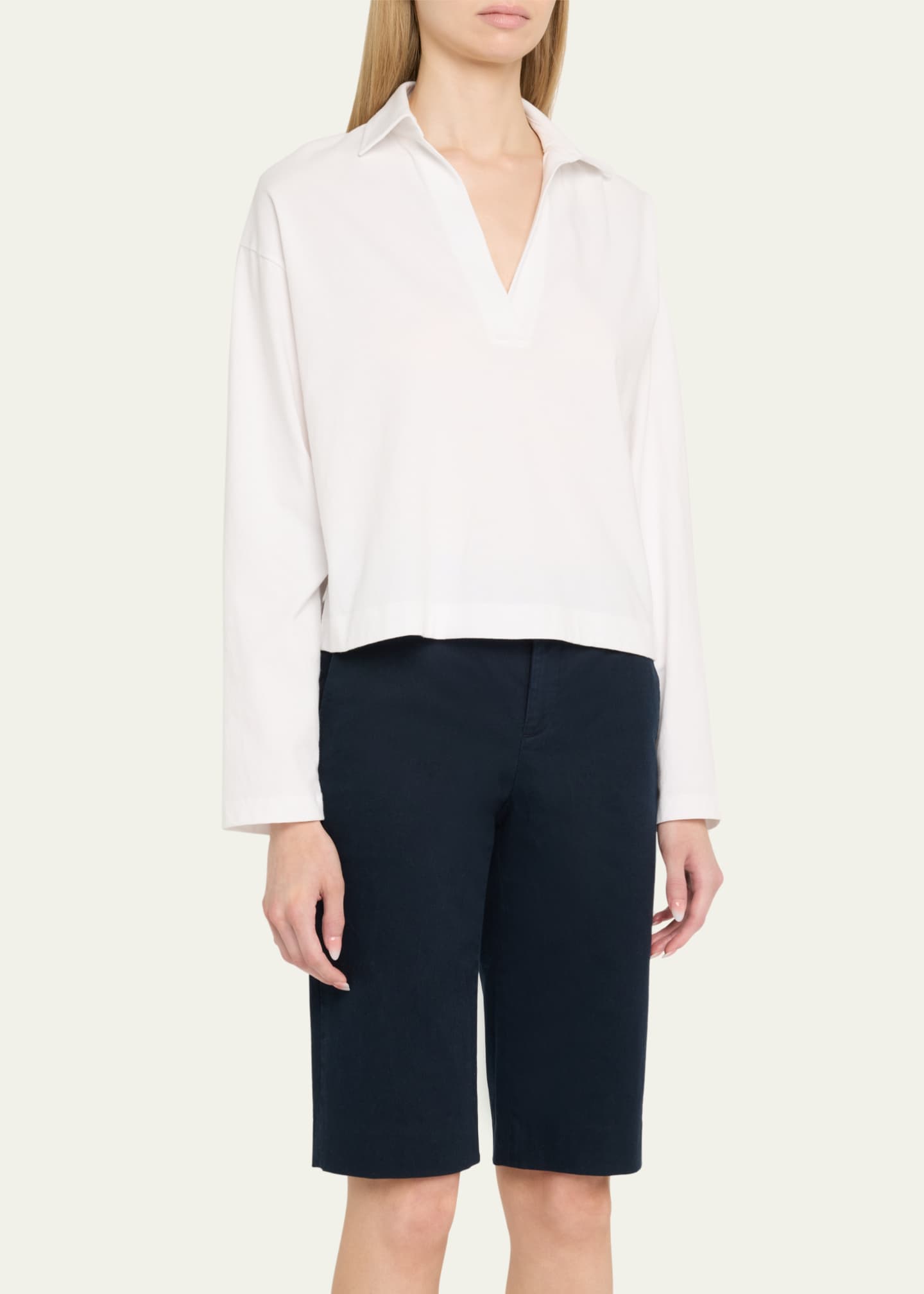 Vince Easy Cotton Long-Sleeve Pullover Polo Top Image 4 of 5