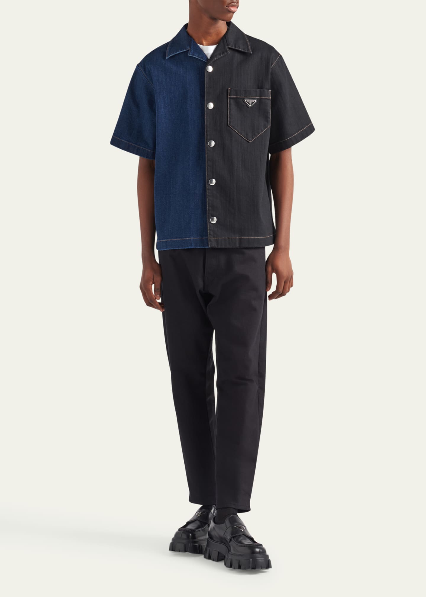 Prada Men's Double Match Denim Camp Shirt Image 2 of 4