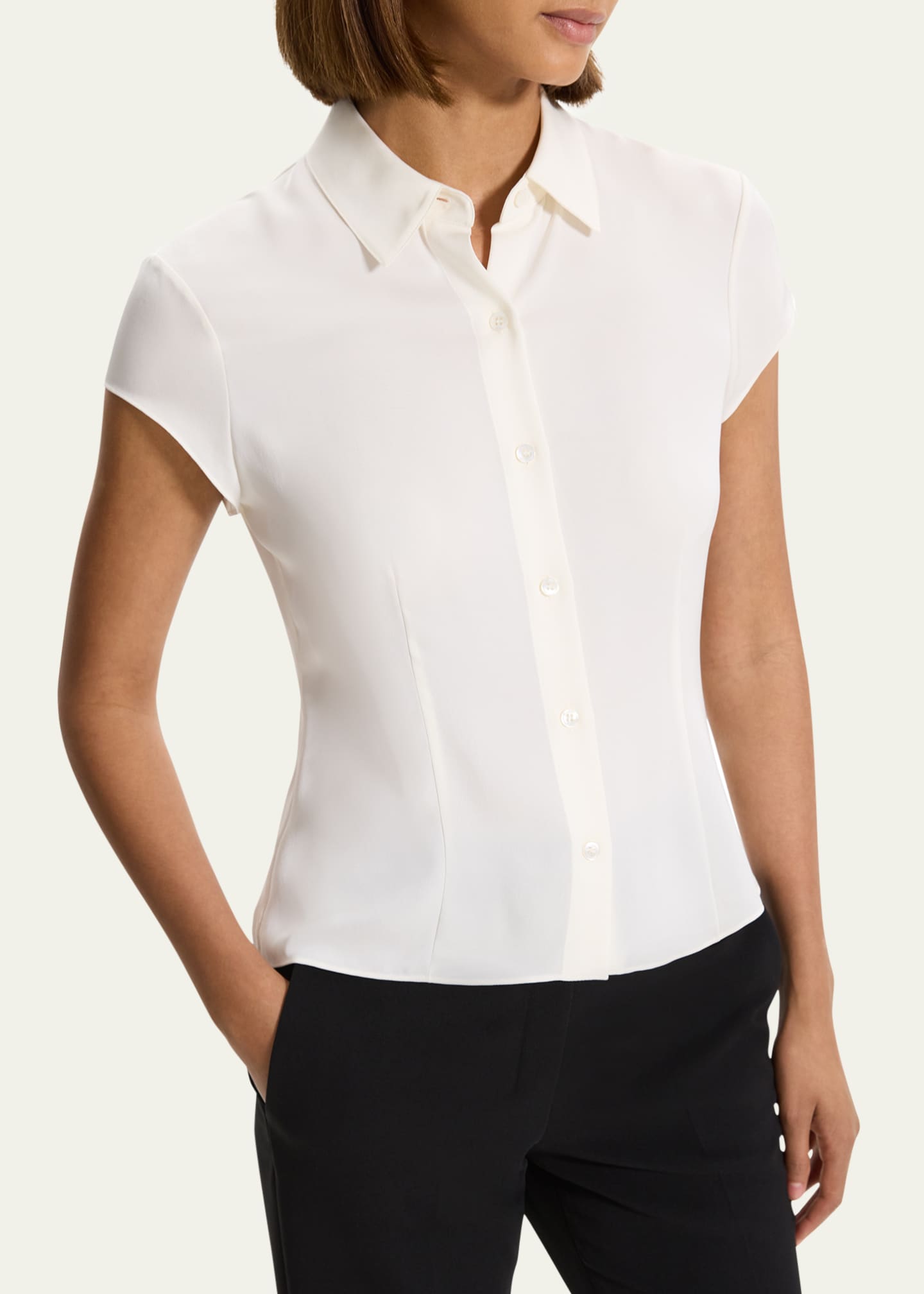 Theory Cap-Sleeve Modern Silk Georgette Blouse Image 5 of 5