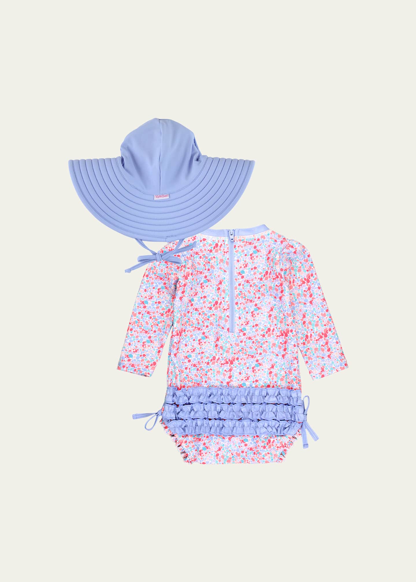 RuffleButts Girl's Shimmer One-Piece Rashguard Swimsuit and Hat Set, Size 0M-3T Image 2 of 5