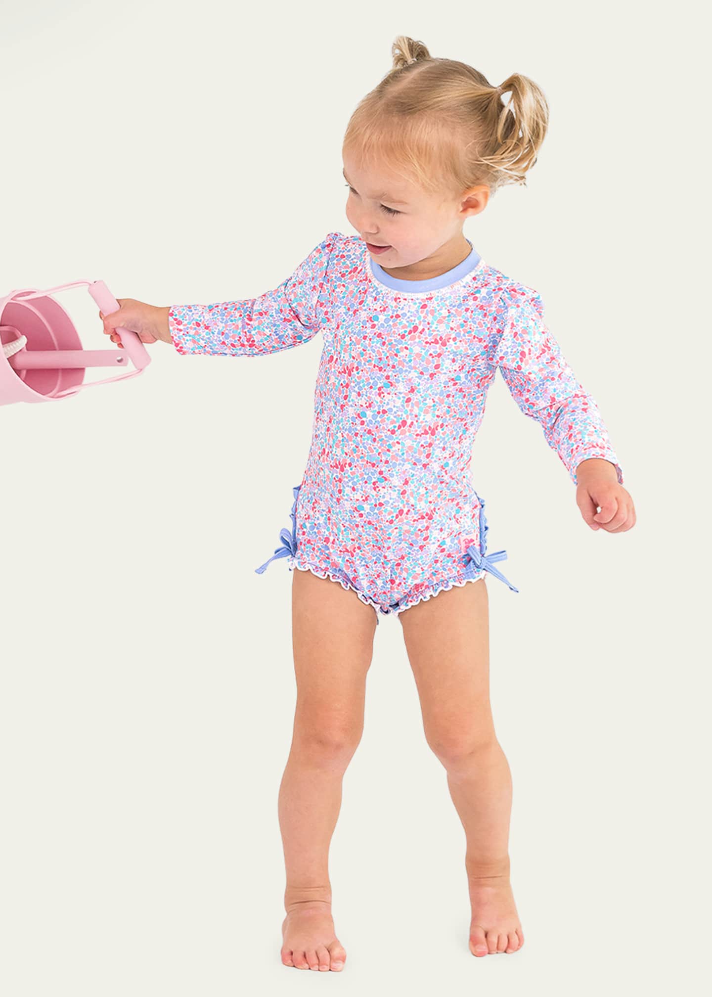 RuffleButts Girl's Shimmer One-Piece Rashguard Swimsuit and Hat Set, Size 0M-3T Image 3 of 5