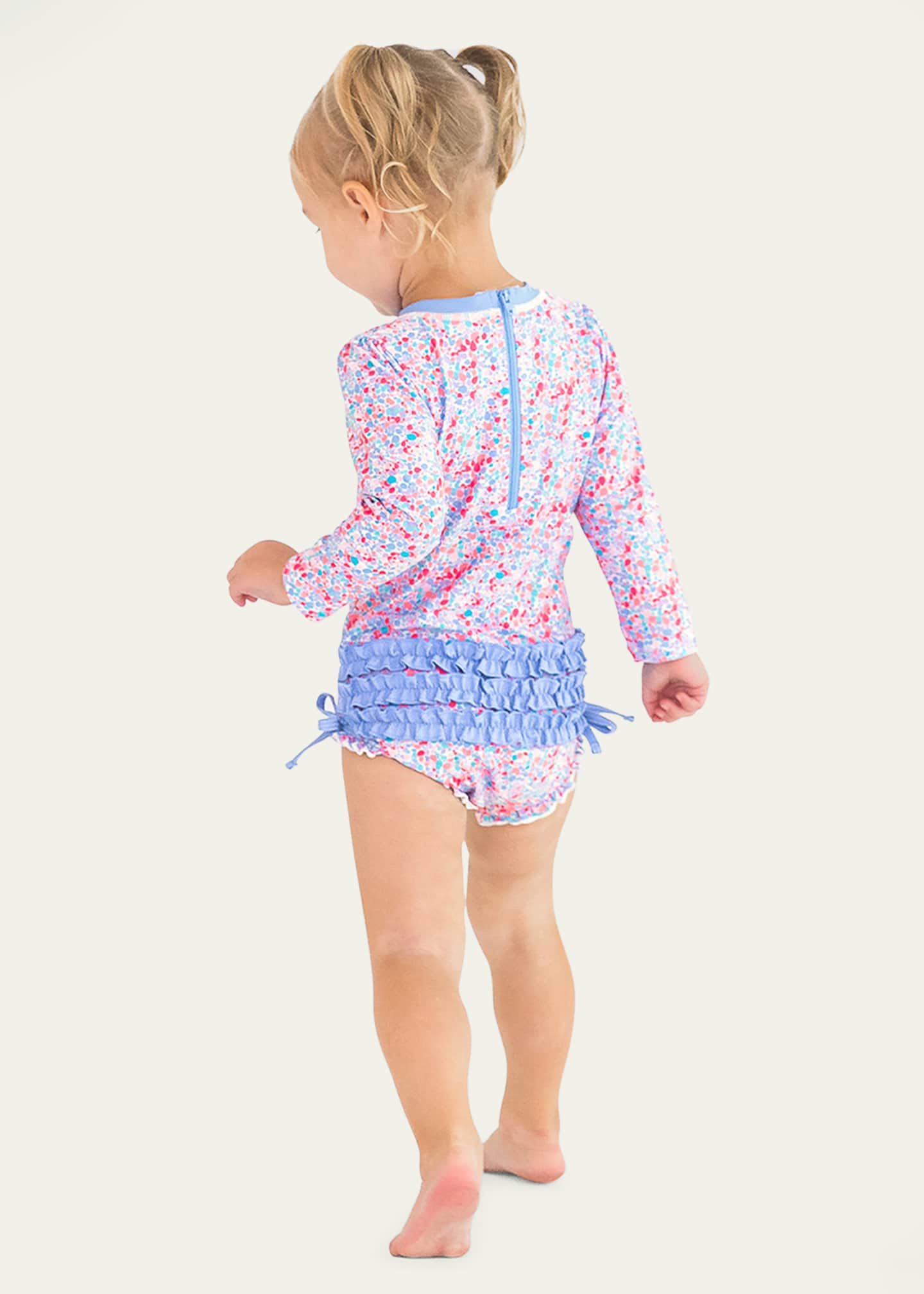 RuffleButts Girl's Shimmer One-Piece Rashguard Swimsuit and Hat Set, Size 0M-3T Image 4 of 5