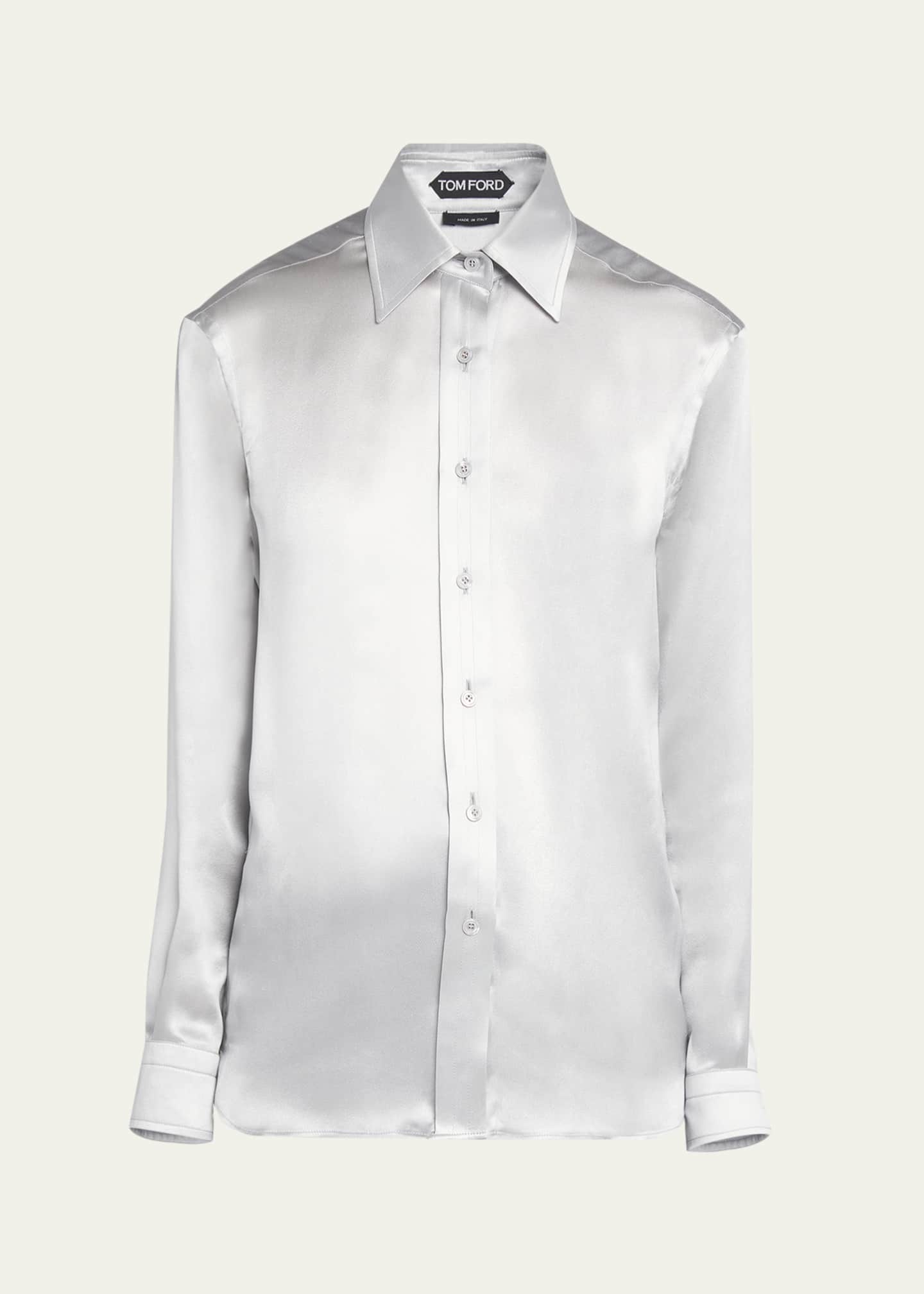 TOM FORD Pleated-Placket Fluid Silk Charmeuse Collared Shirt Image 1 of 5