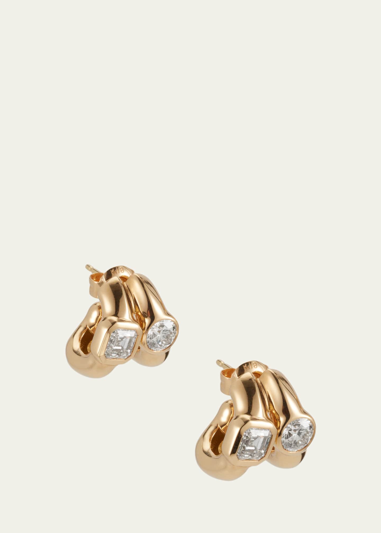 Uniform Object Twin Tusk 18K Yellow Gold Huggie Earrings With Asscher-Cut And Round Stones Image 3 of 4