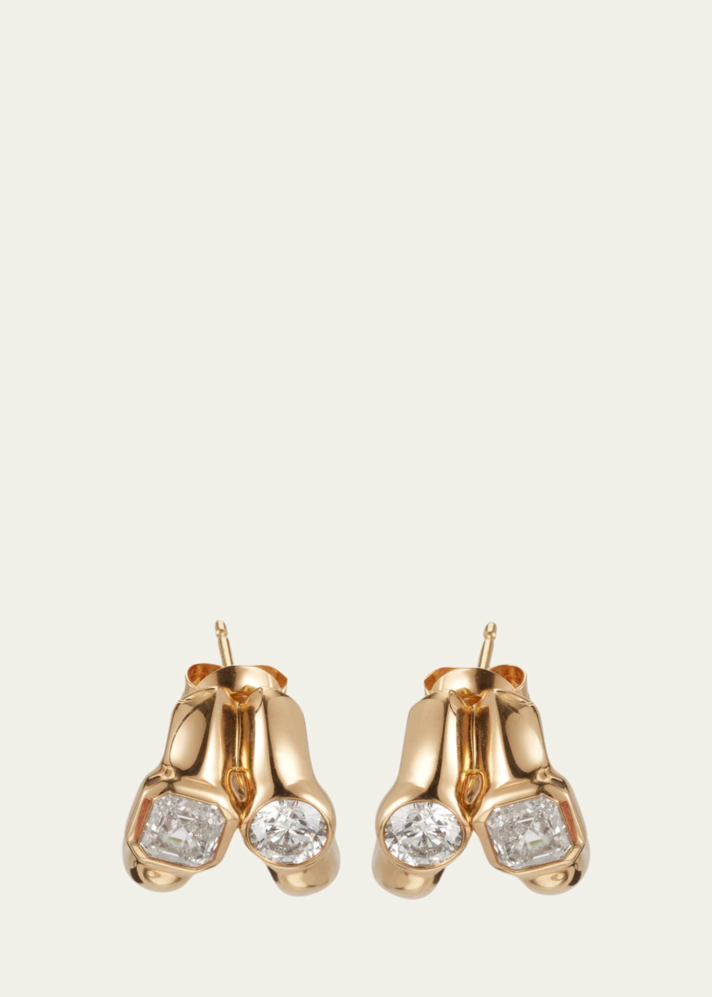 Uniform Object Twin Tusk 18K Yellow Gold Huggie Earrings With Asscher-Cut And Round Stones Image 1 of 4
