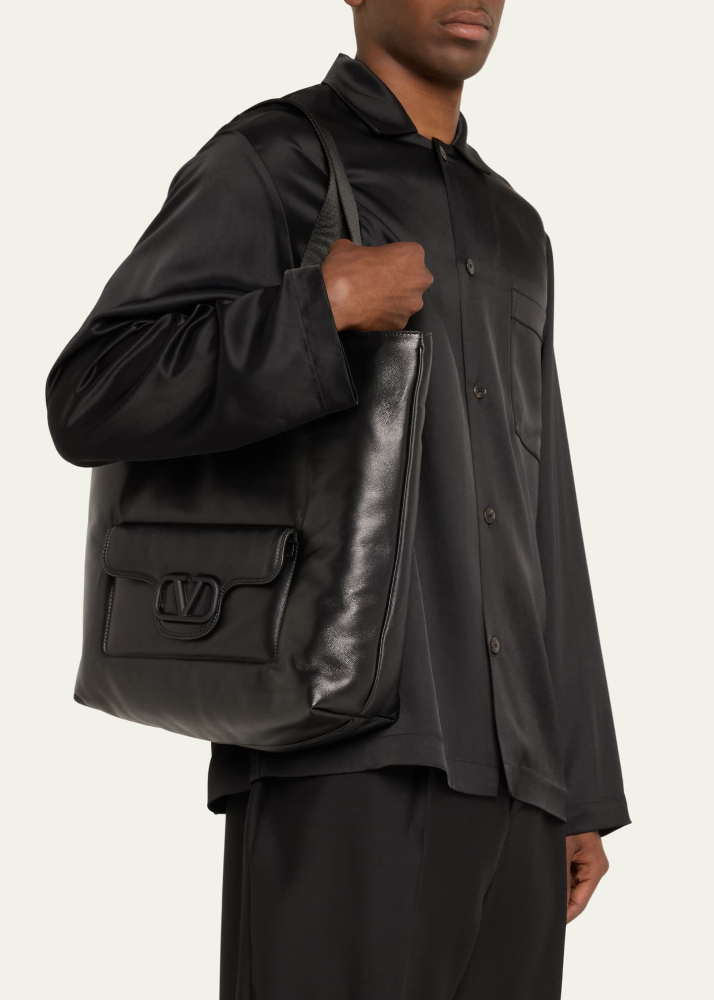 Valentino Garavani Men's Noir Leather Tote Bag Image 2 of 5