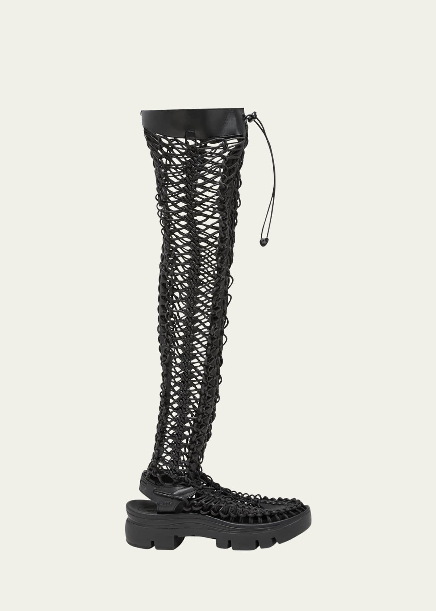 Noir Kei Ninomiya Leather Net Over-The-Knee Lace Boots