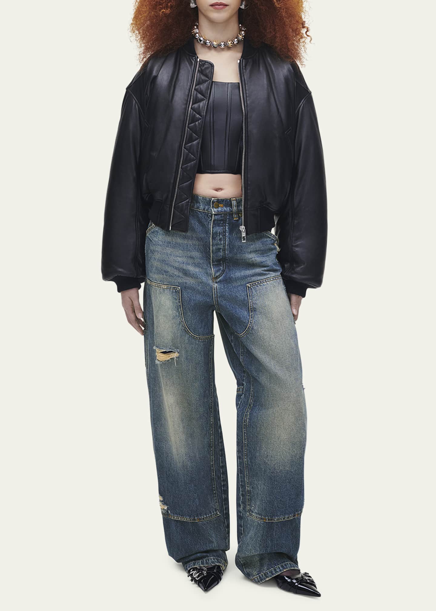 Puffy leather bomber jacket top