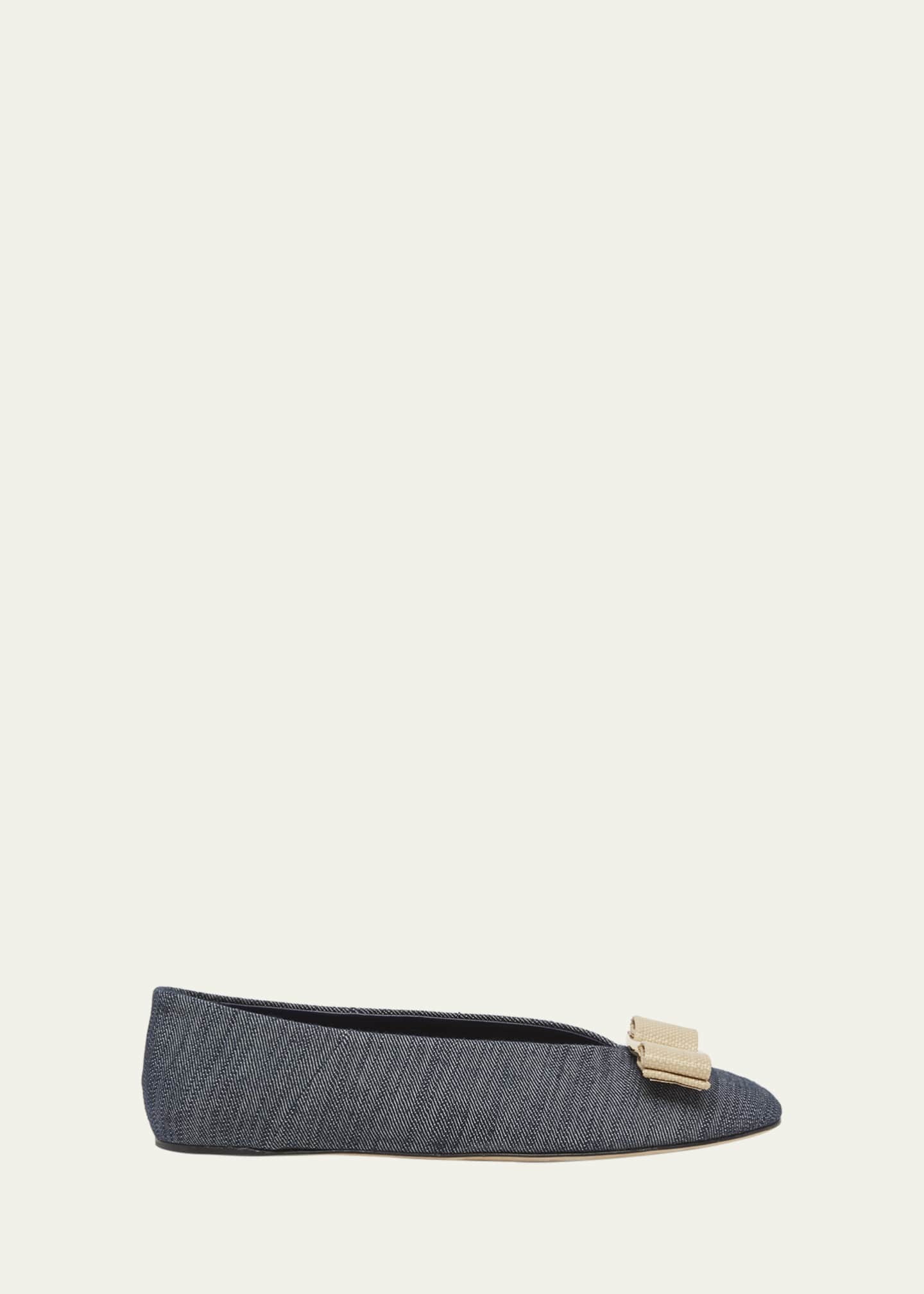 Ferragamo Vanna Denim Bow Ballerina Flats Image 1 of 3