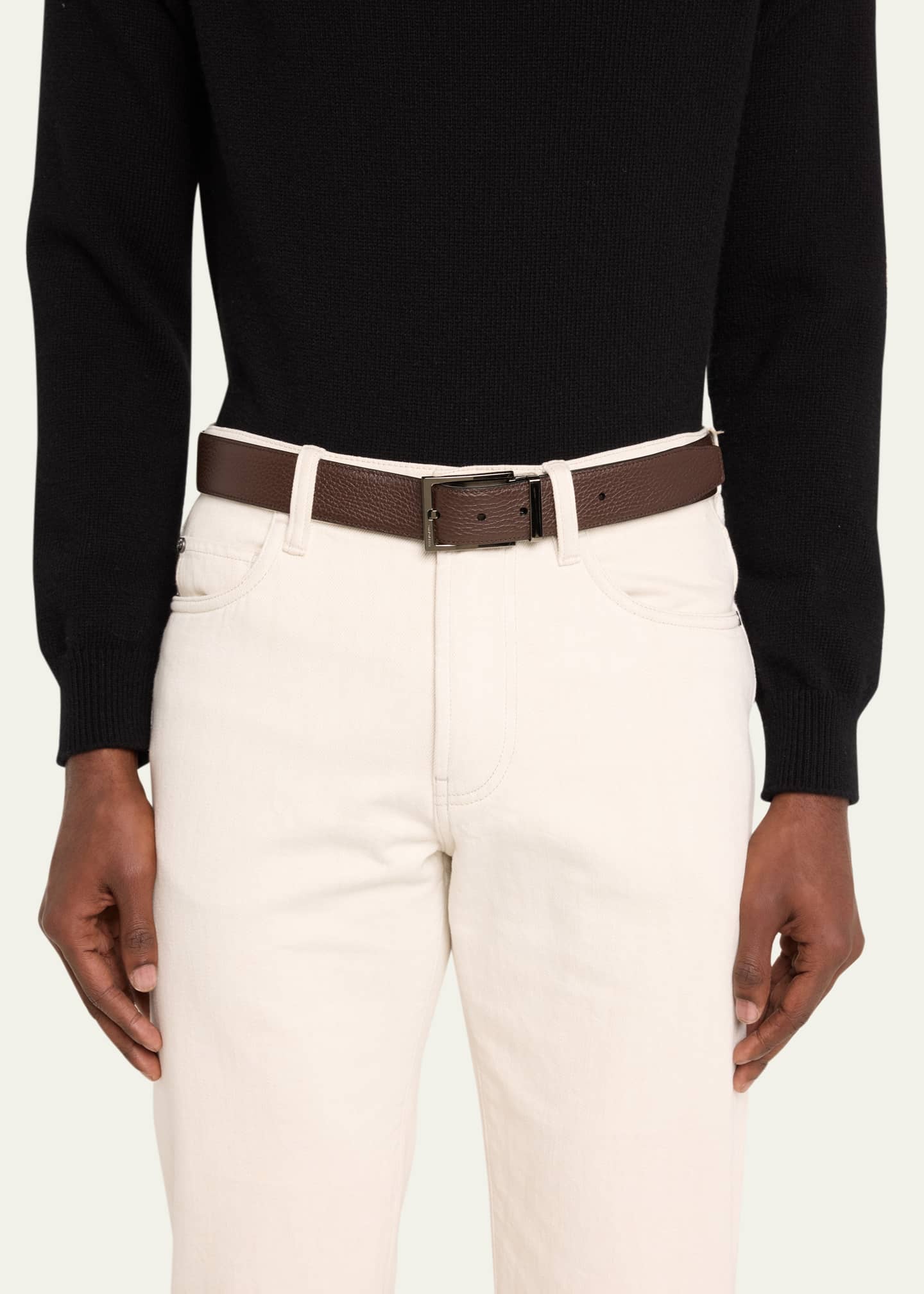 Ferragamo Men's Double Adjustable Square-Buckle Leather Belt Image 2 of 2