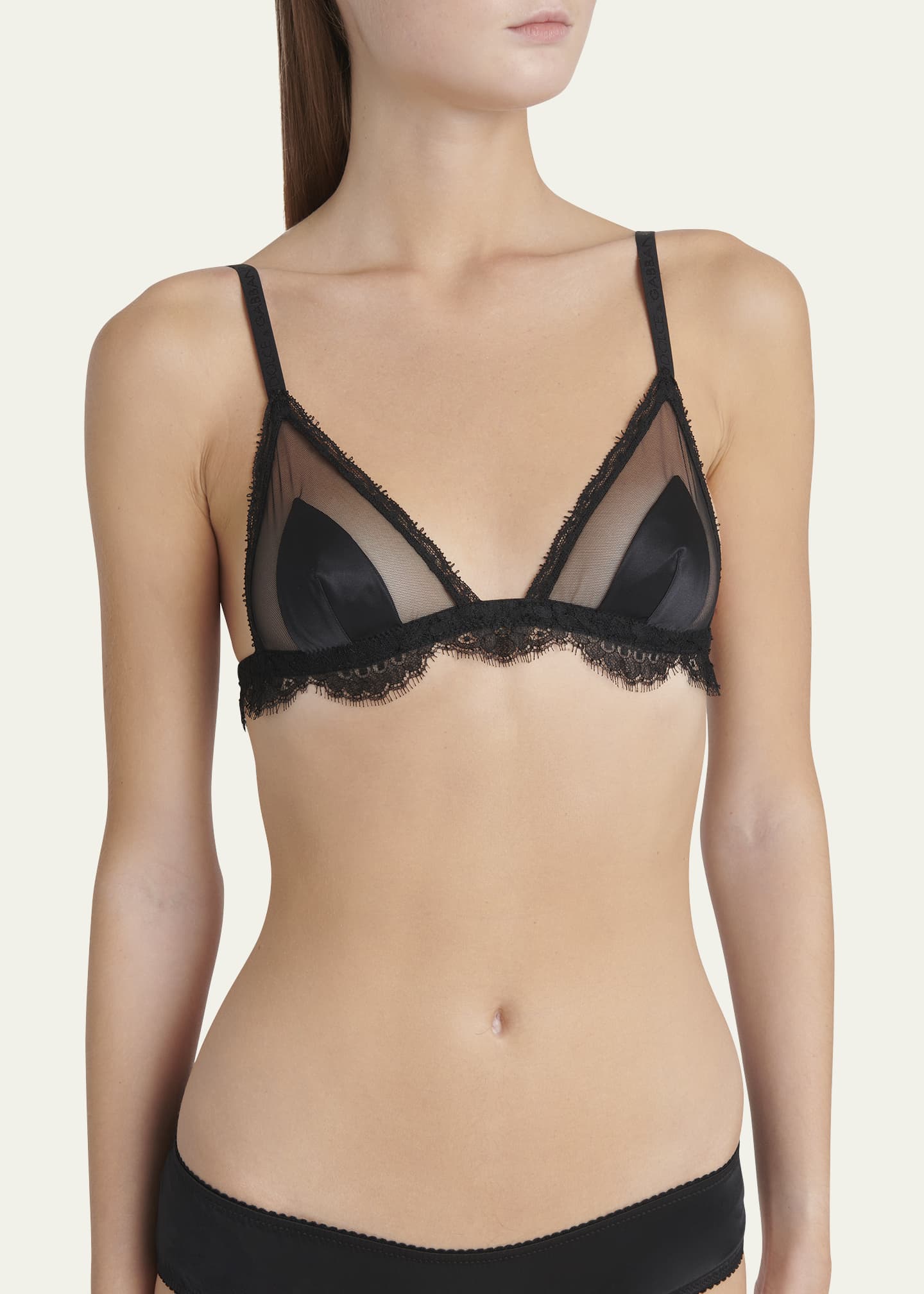 ブラジャー DOLCE & GABBANA SATIN AND TULLE TRIANGLE BRA Satin, lace and tulle soft-cup triangle bra in Black for