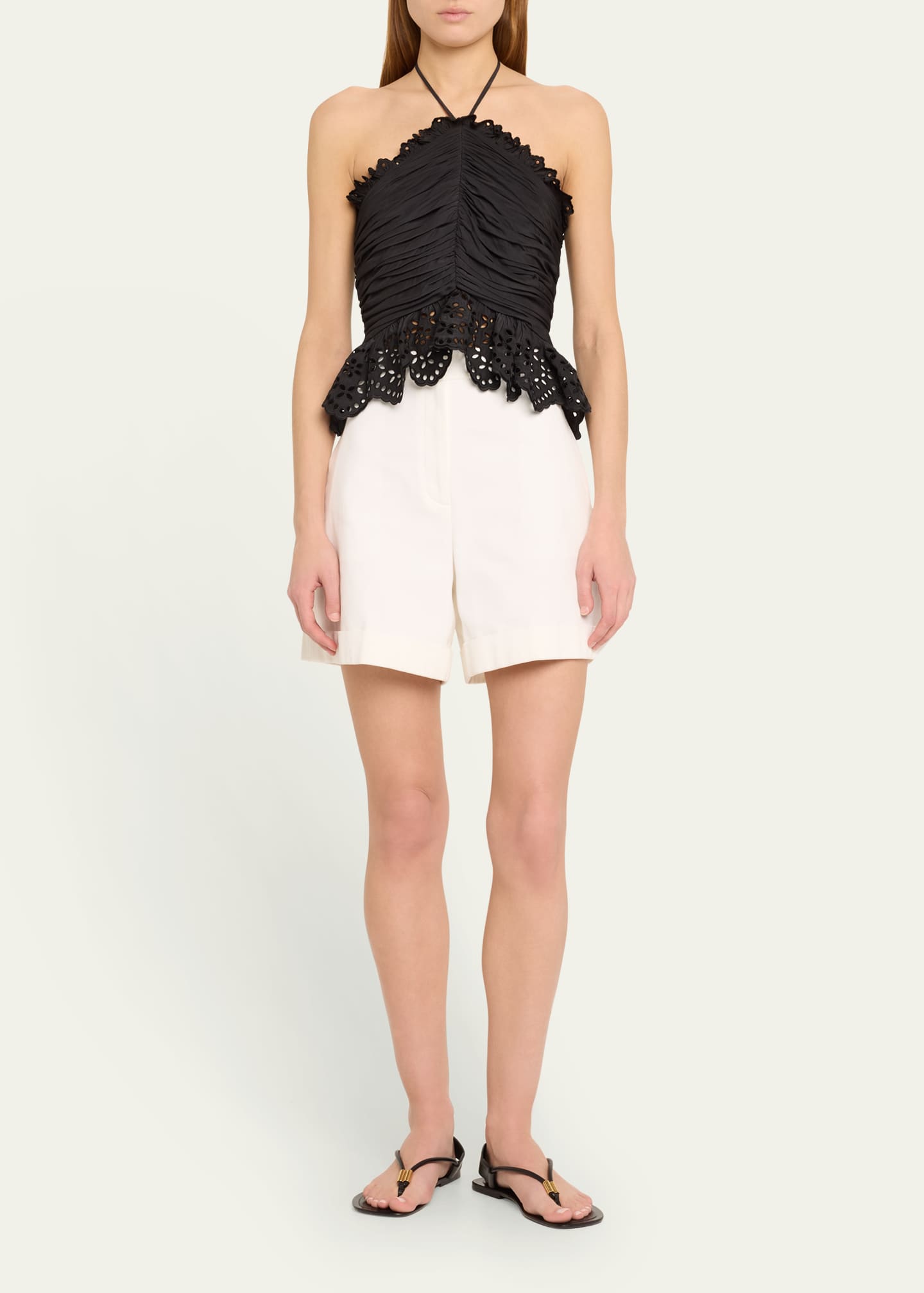 Ramy Brook Michelle Gathered Eyelet-Trim Halter Blouse Image 2 of 5