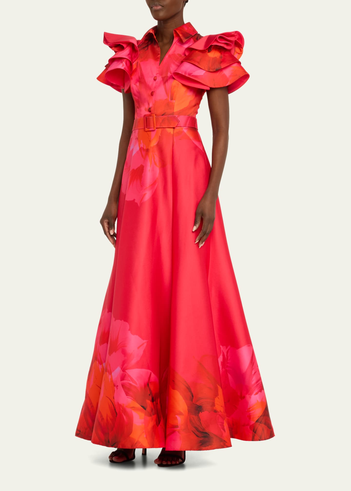 Badgley Mischka Collection FloralPrint RuffleSleeve Shirt Gown