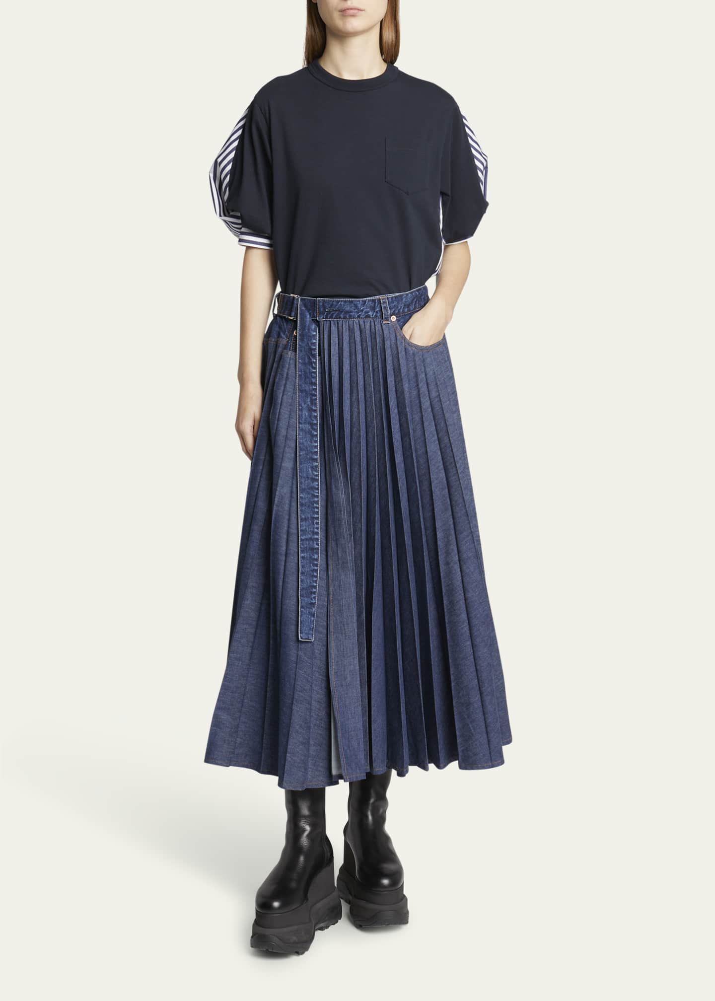 SACAI Belted Denim Pleated Midi Skirt - Bergdorf Goodman