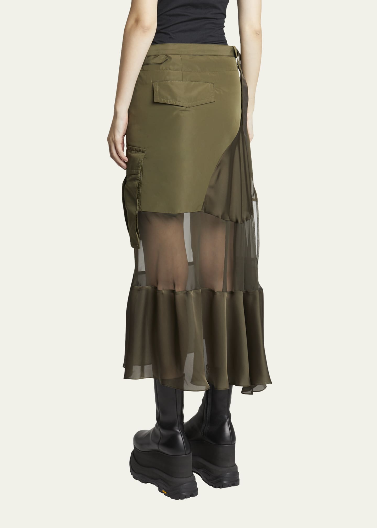 SACAI Sheer Belted Mixed-Fabric Midi Skirt - Bergdorf Goodman
