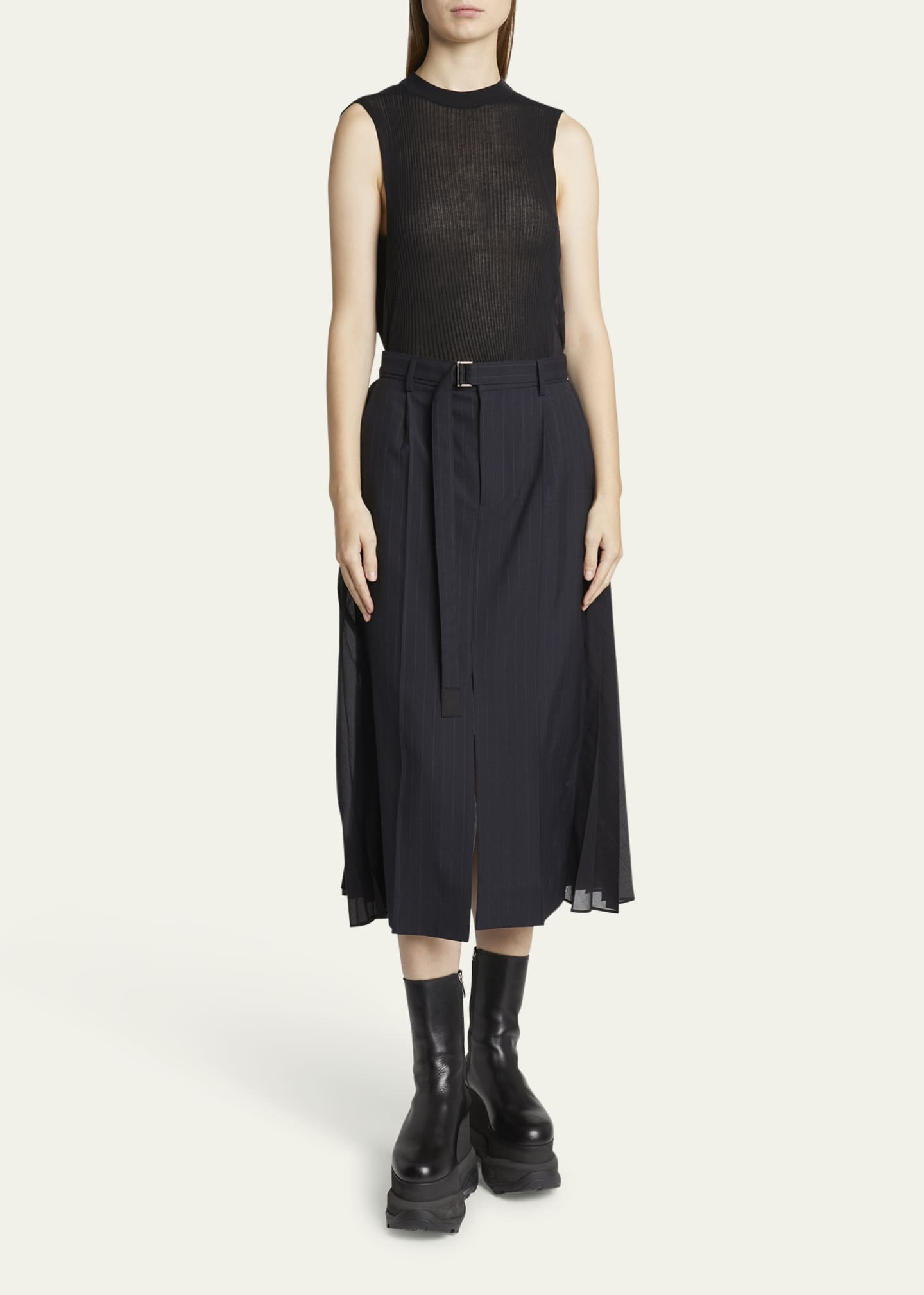 sacai Navy Pinstripe Midi Skirt