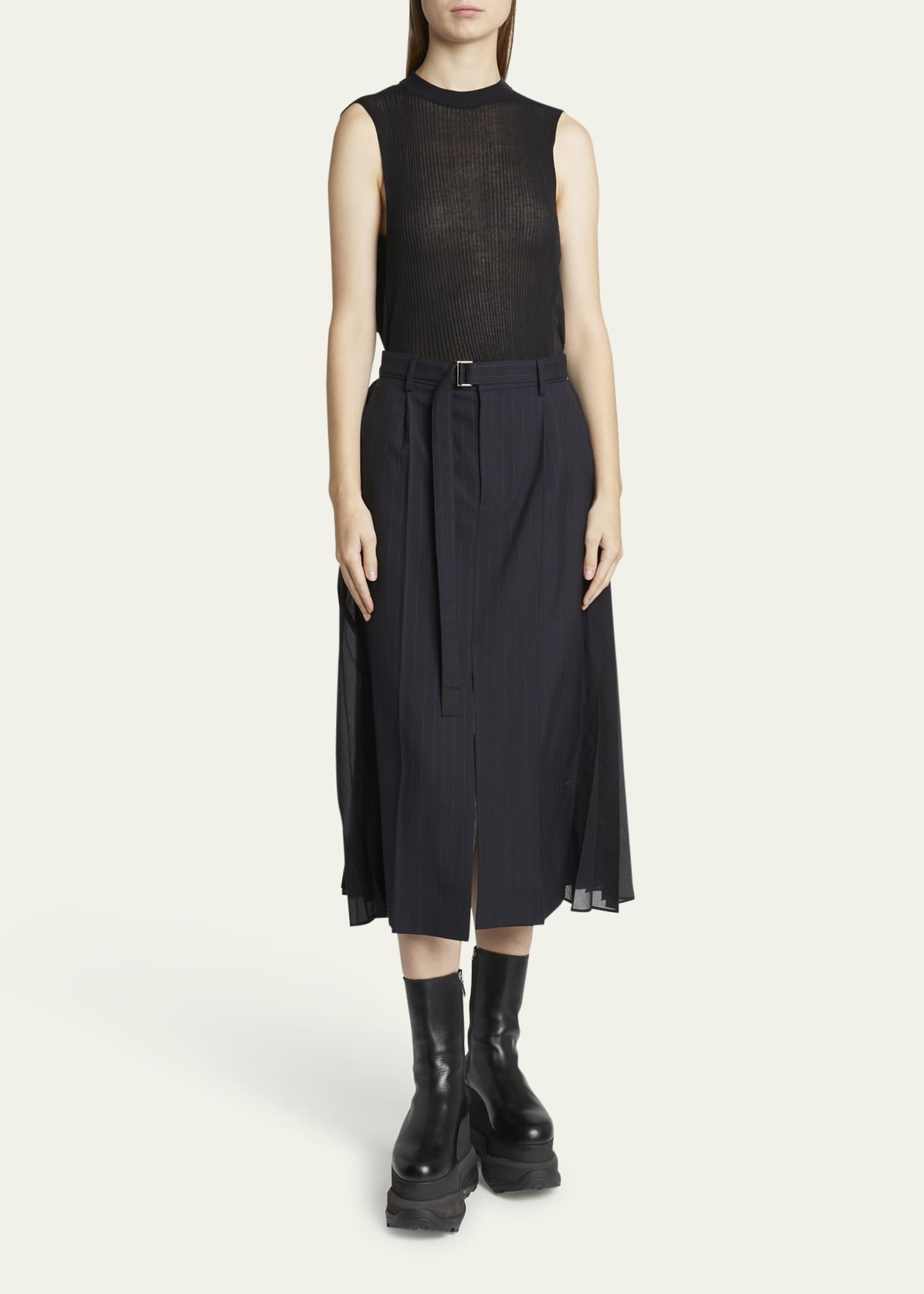 SACAI Pleated Sheer Chalk Stripe Belted Midi Skirt - Bergdorf Goodman