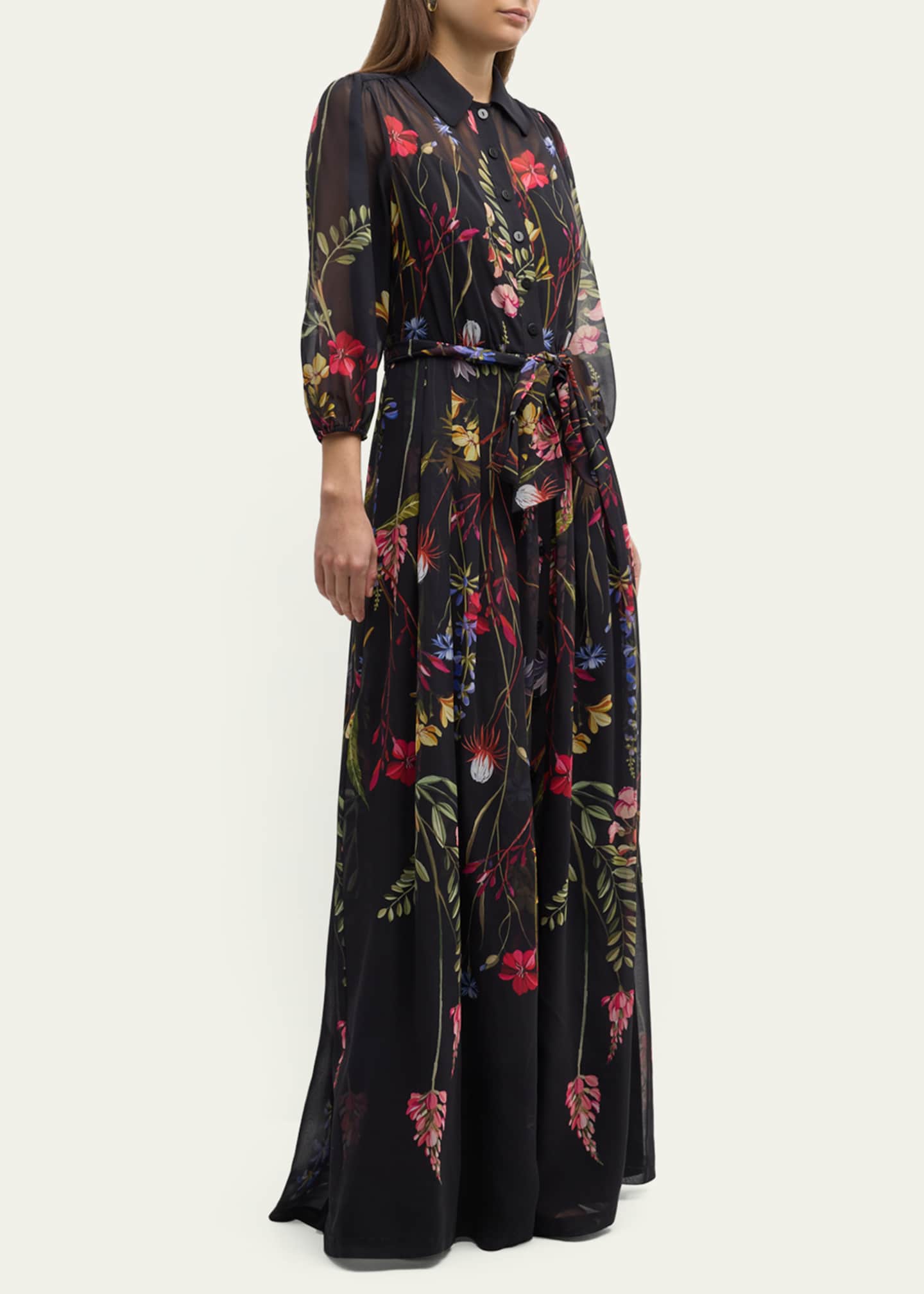 Rickie Freeman for Teri Jon Blouson-Sleeve Floral-Print Chiffon Shirt ...