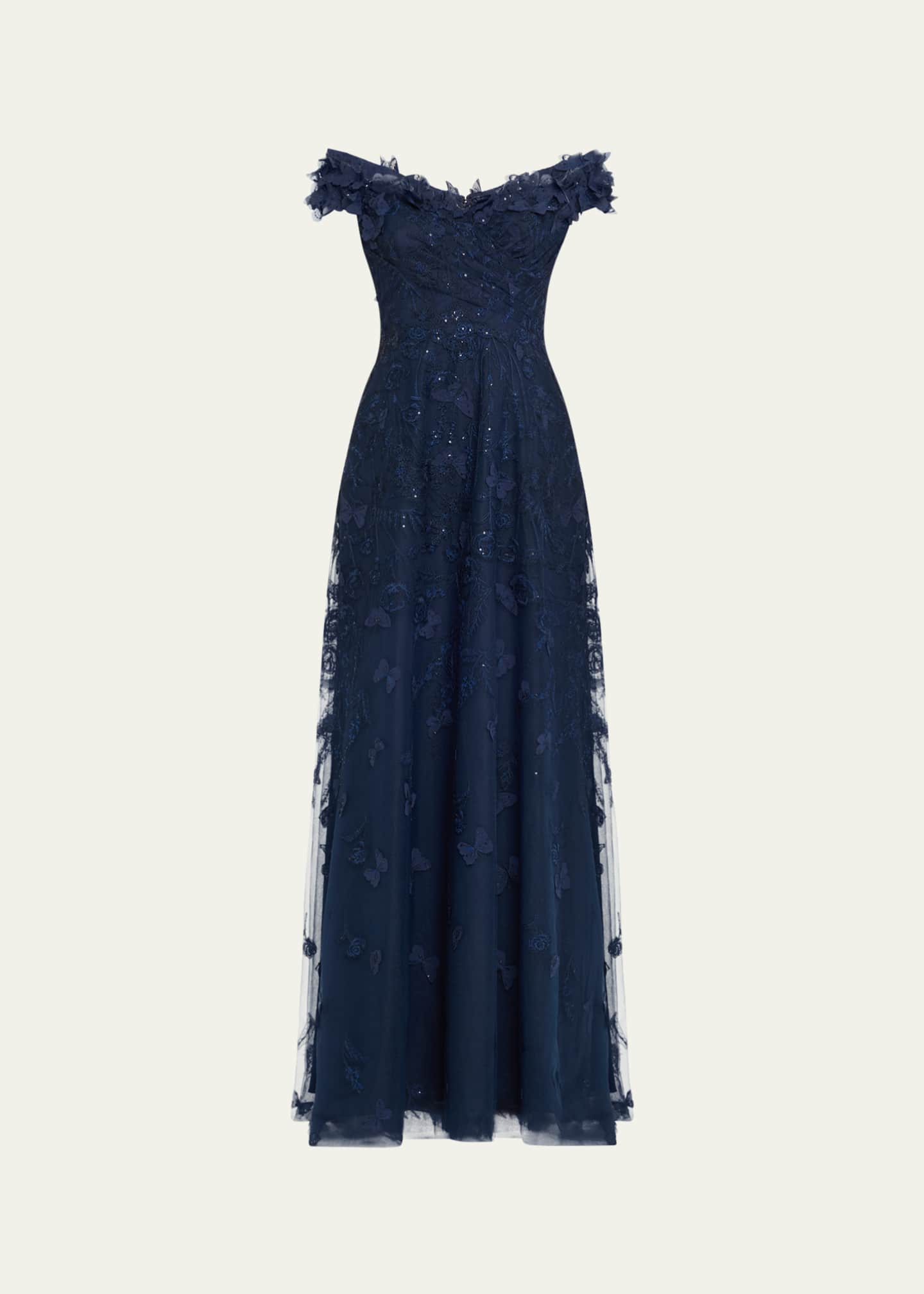 Rickie Freeman for Teri Jon Off-Shoulder Floral-Embroidered Tulle Gown Image 1 of 5