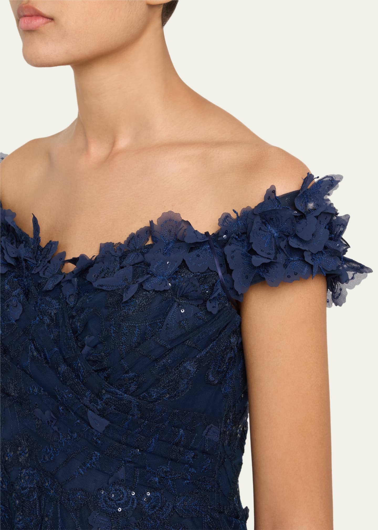 Rickie Freeman for Teri Jon Off-Shoulder Floral-Embroidered Tulle Gown Image 5 of 5