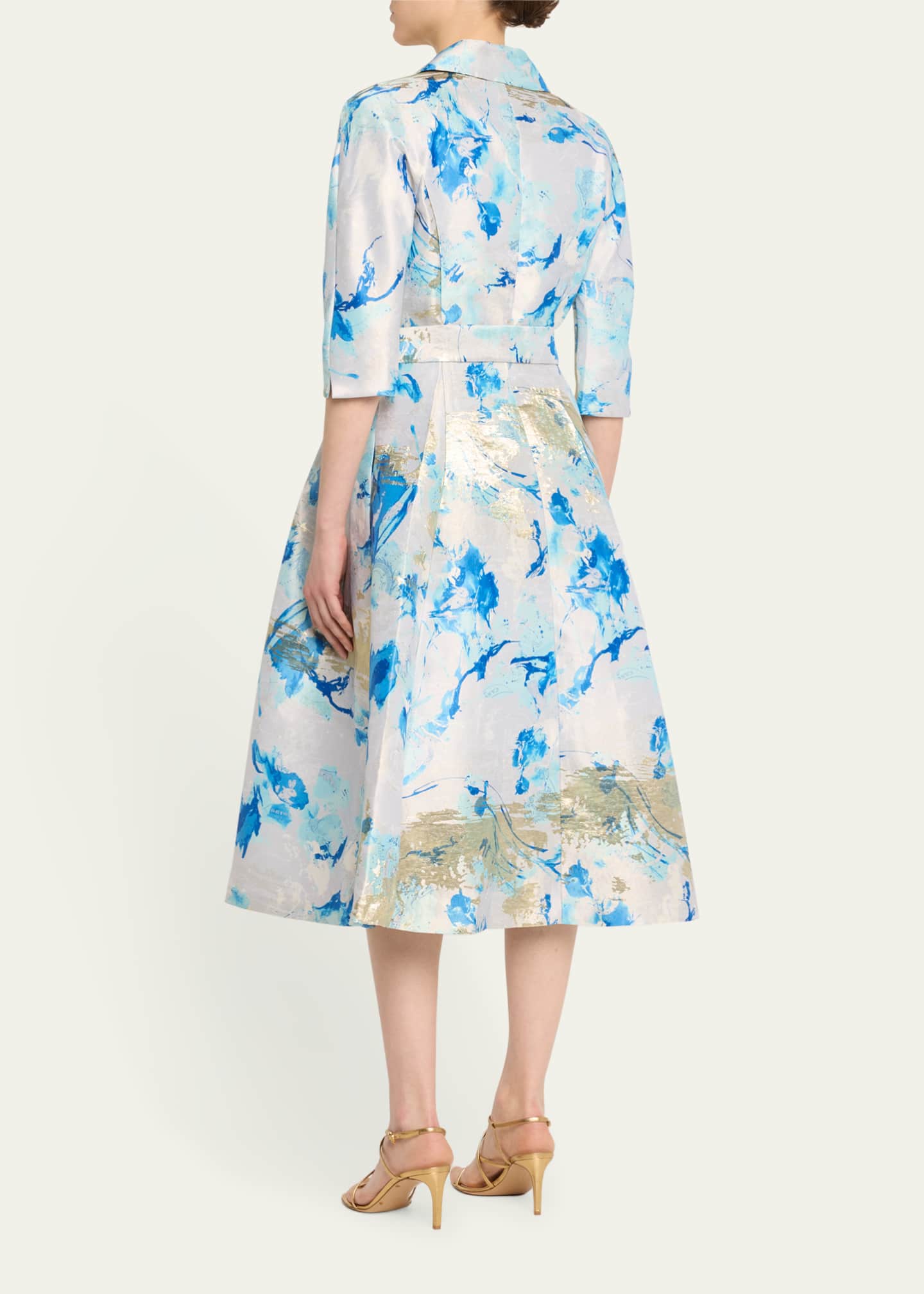 Rickie Freeman for Teri Jon Pleated Metallic Jacquard Midi Coat Dress