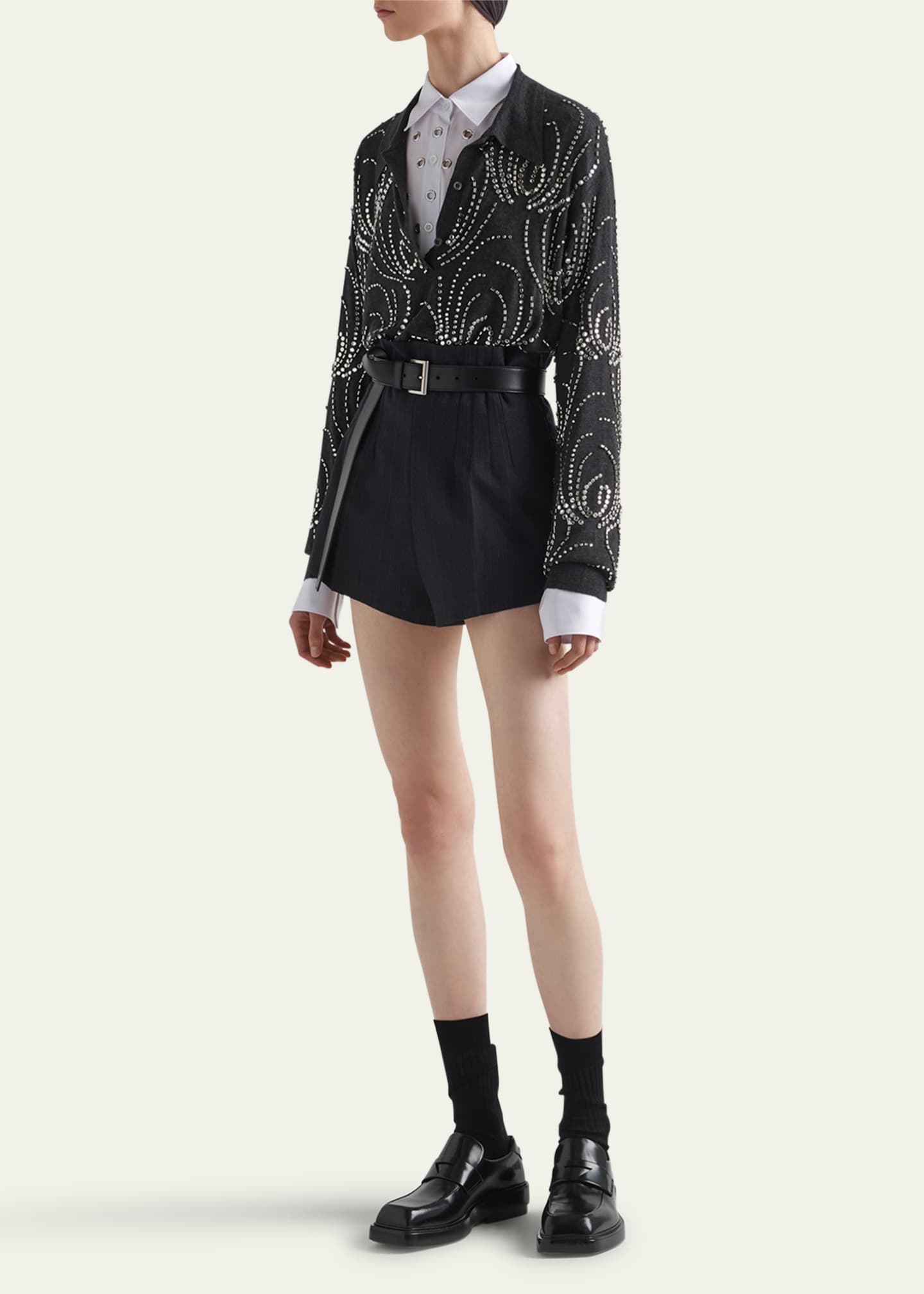 Prada Beaded Crystal Oversized Polo Cashmere Shirt, Gray Image 2 of 4