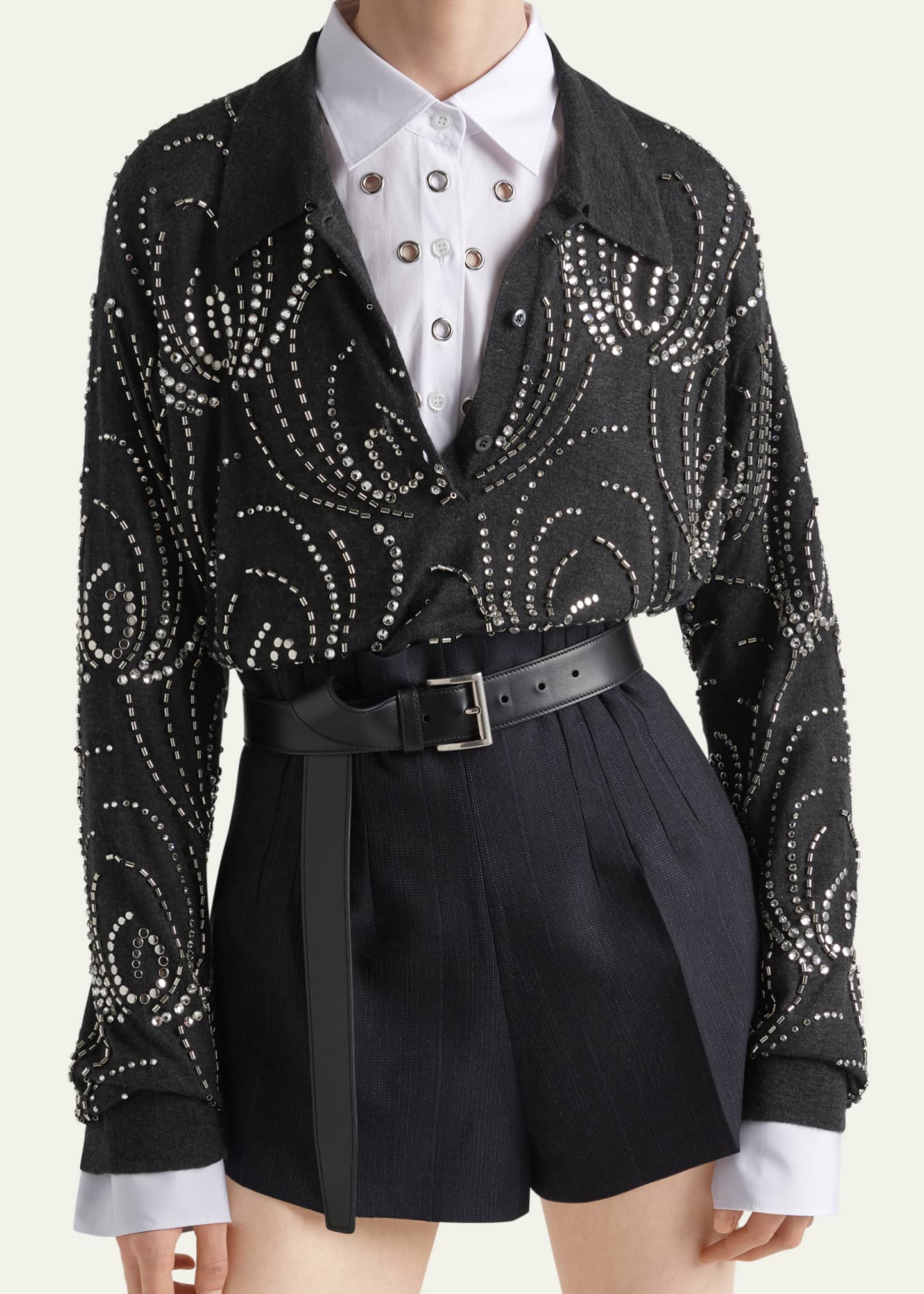 Prada Beaded Crystal Oversized Polo Cashmere Shirt, Gray Image 4 of 4