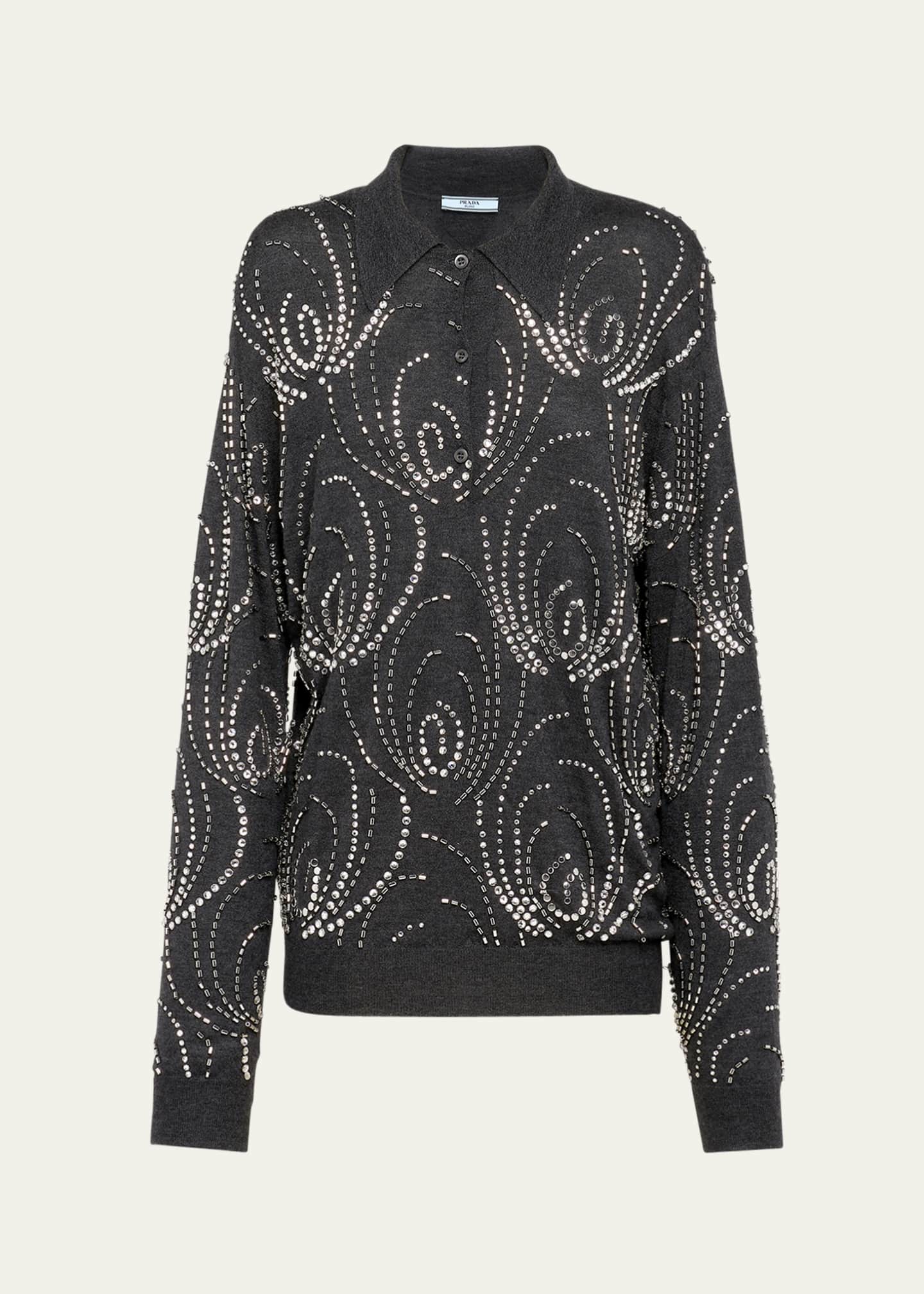 Prada Beaded Crystal Oversized Polo Cashmere Shirt, Gray Image 1 of 4
