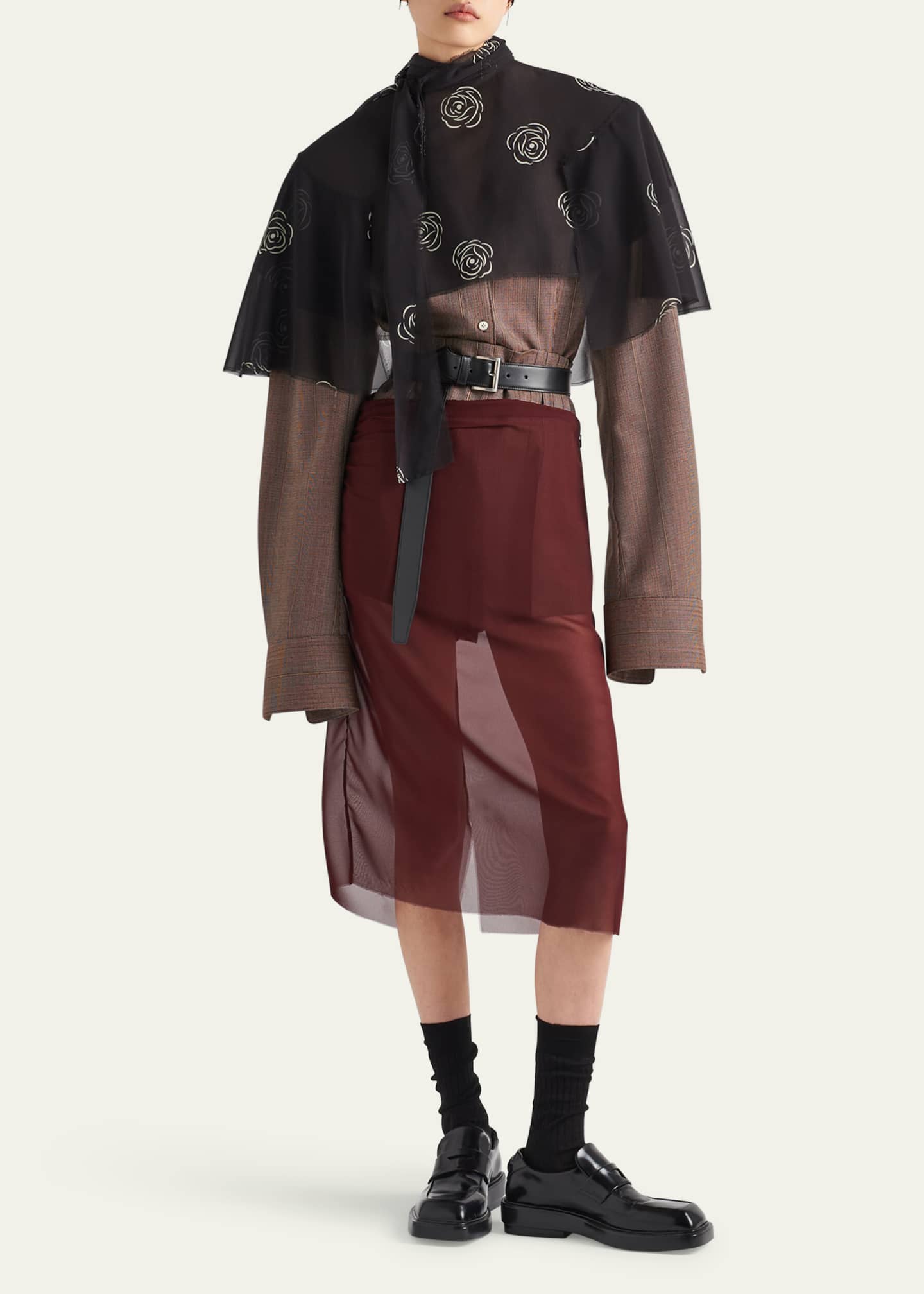 Prada Extra Long-Sleeve Belted Wool Jacket Image 2 of 4