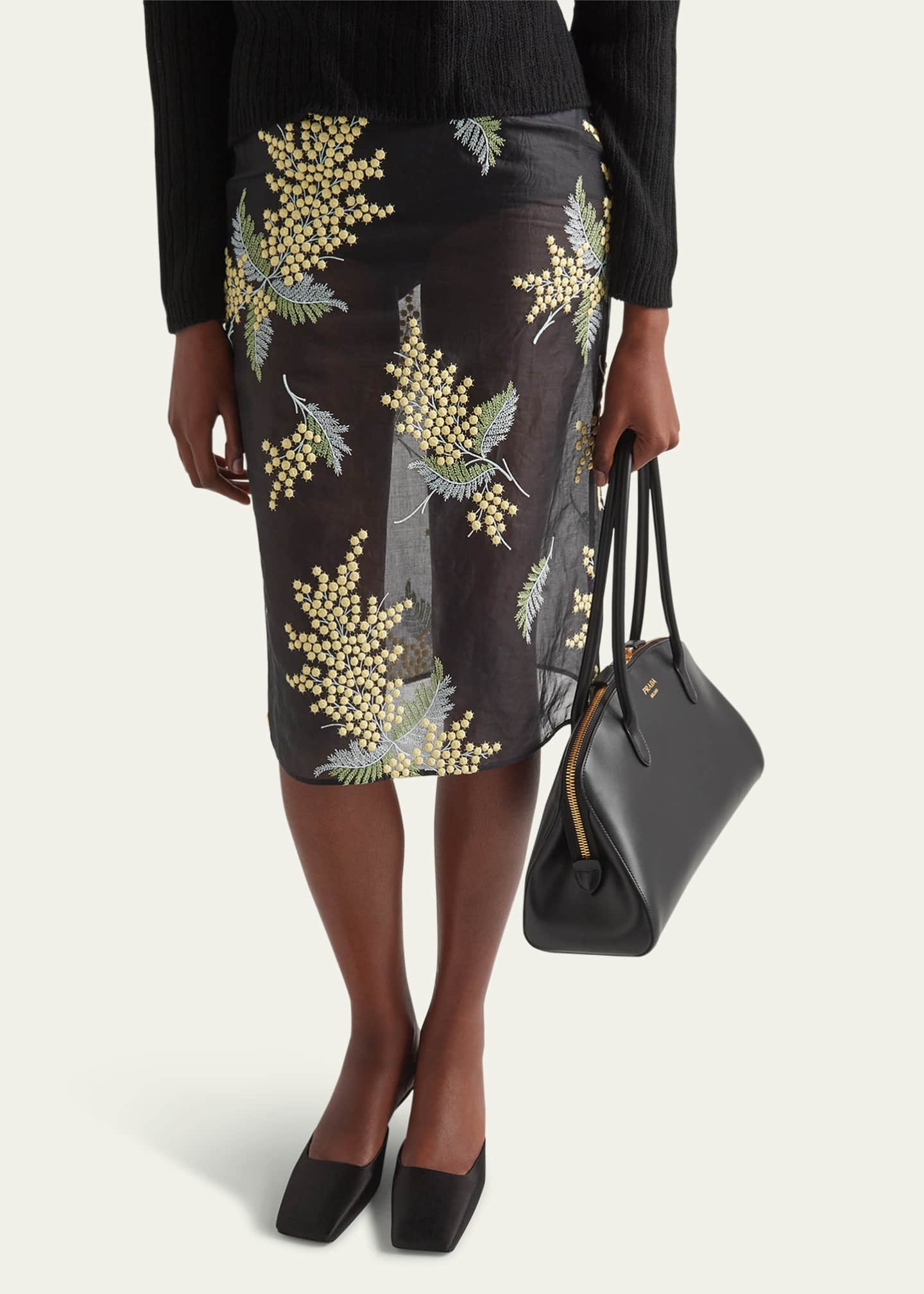 Prada Floral-Embroidered Organza Midi Skirt - Bergdorf Goodman