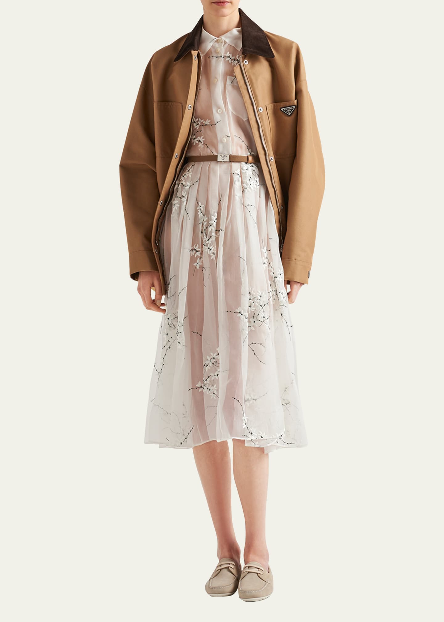 Prada Floral Embroidered Organza Fit-Flare Midi Dress Image 2 of 4