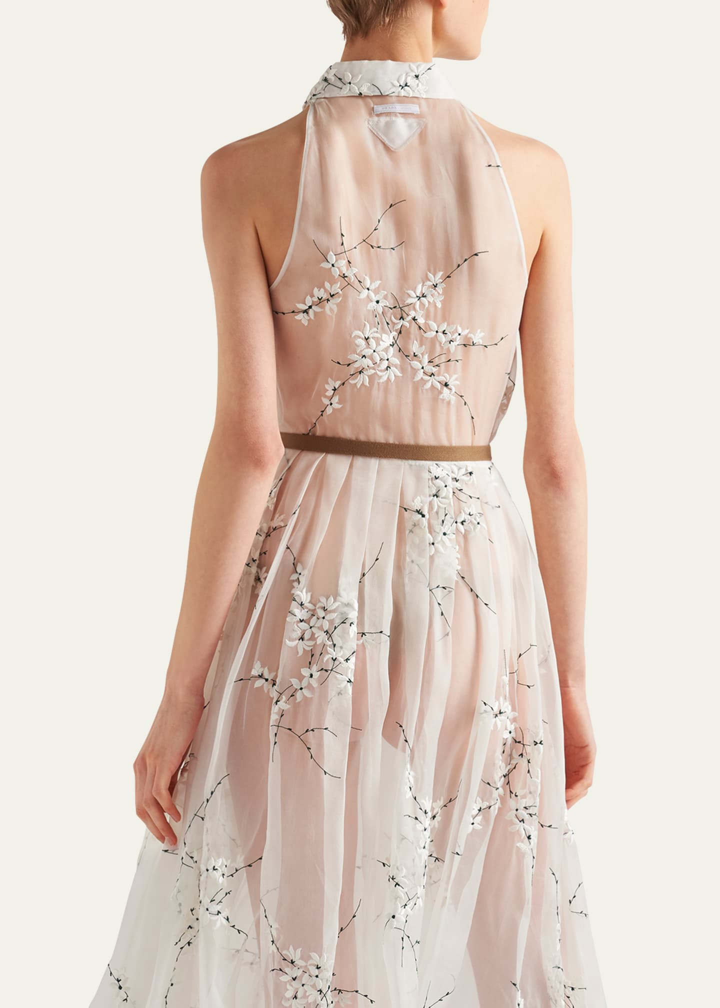 Prada Floral Embroidered Organza Fit-Flare Midi Dress Image 3 of 4