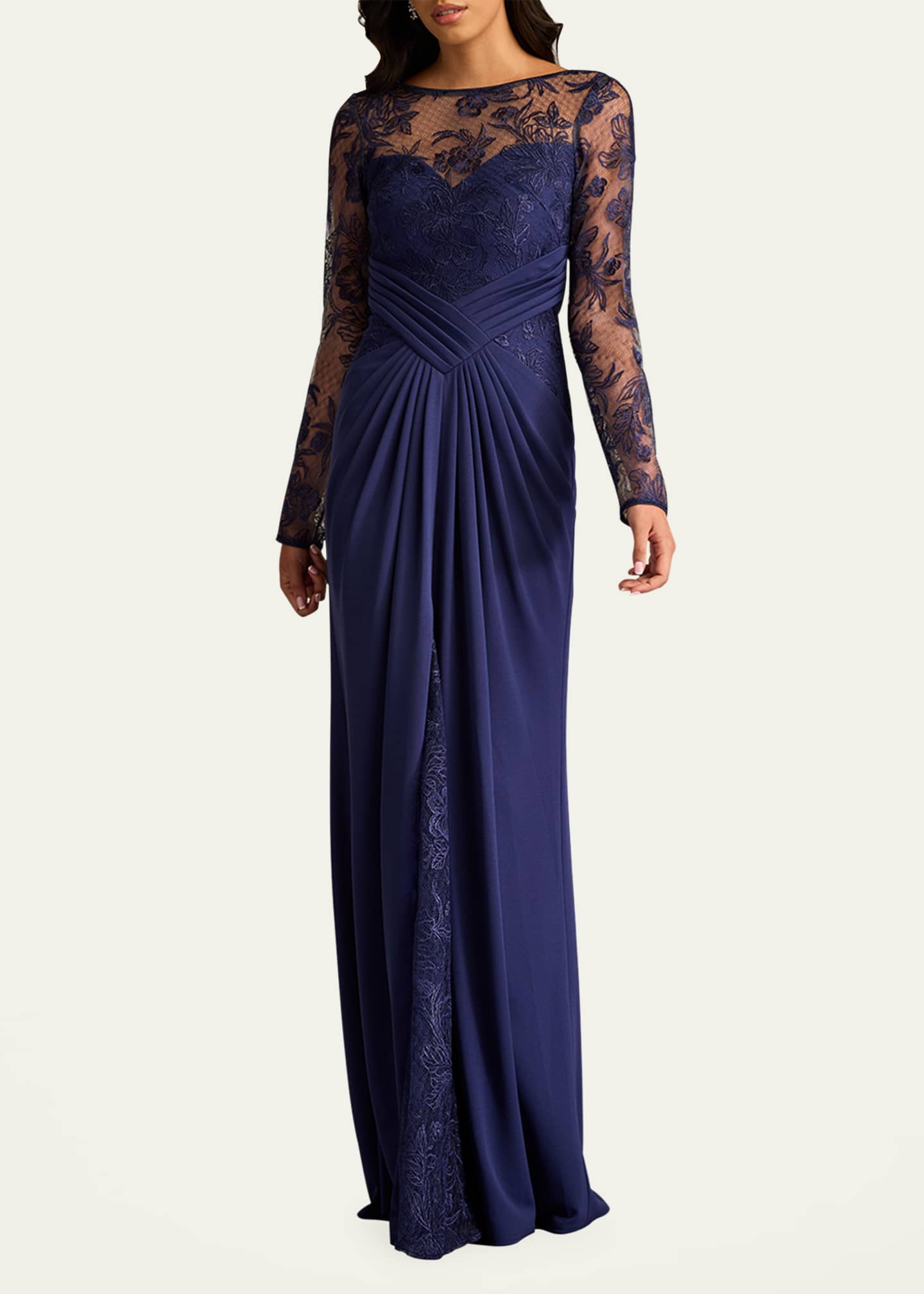 Tadashi Shoji Pleated Crepe & Embroidered Lace Gown Image 2 of 5